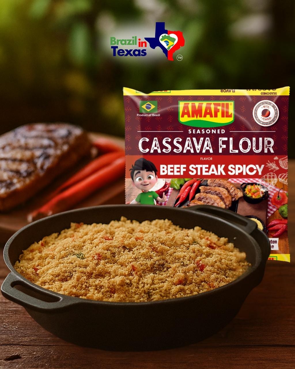 Amafil Spicy Cassava Flour 8.82 oz | PACK OF 3 | Farofa de Picanha