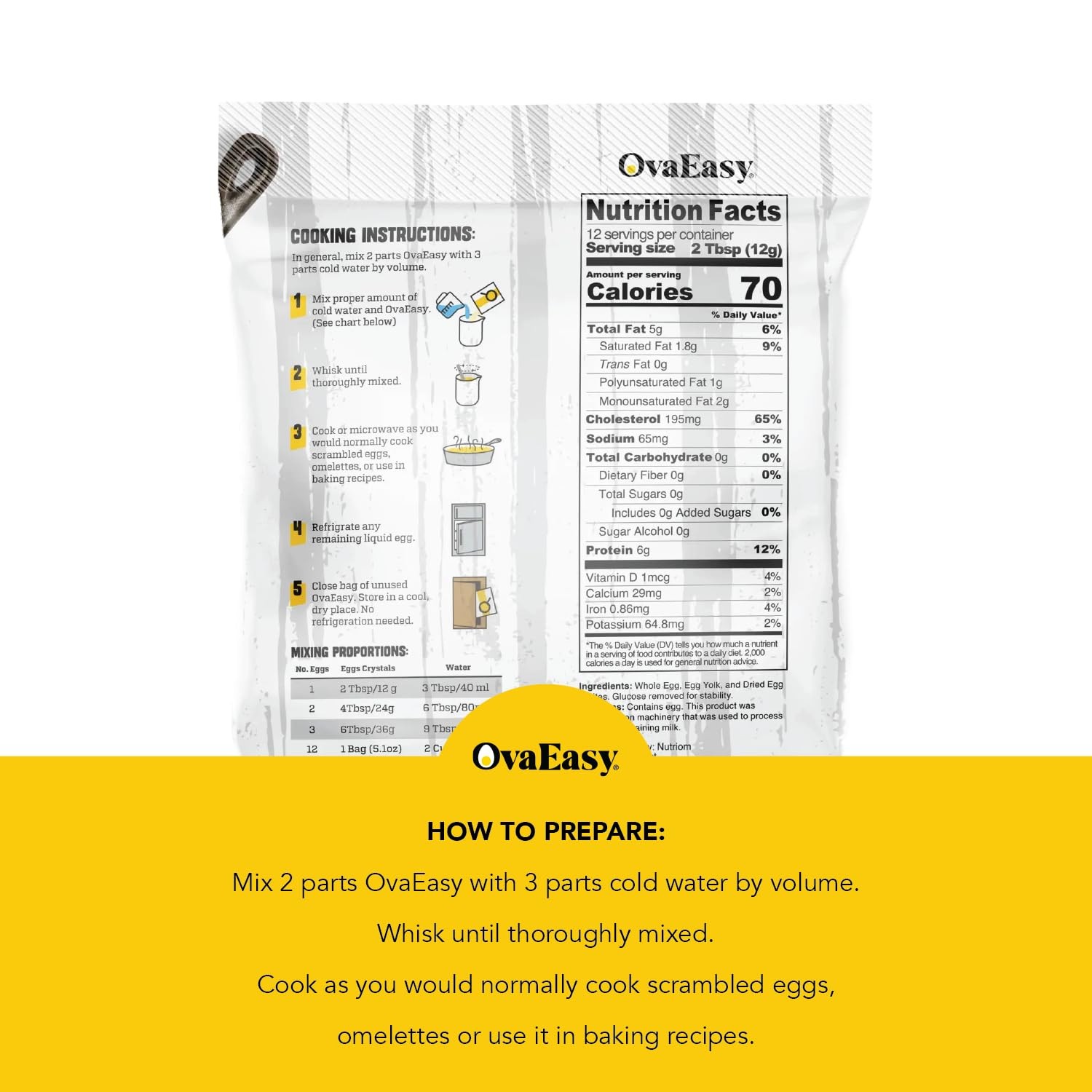 OvaEasy Dehydrated Egg Crystals – 4.5oz. (128g) Bag – Powdered Eggs Made From Al