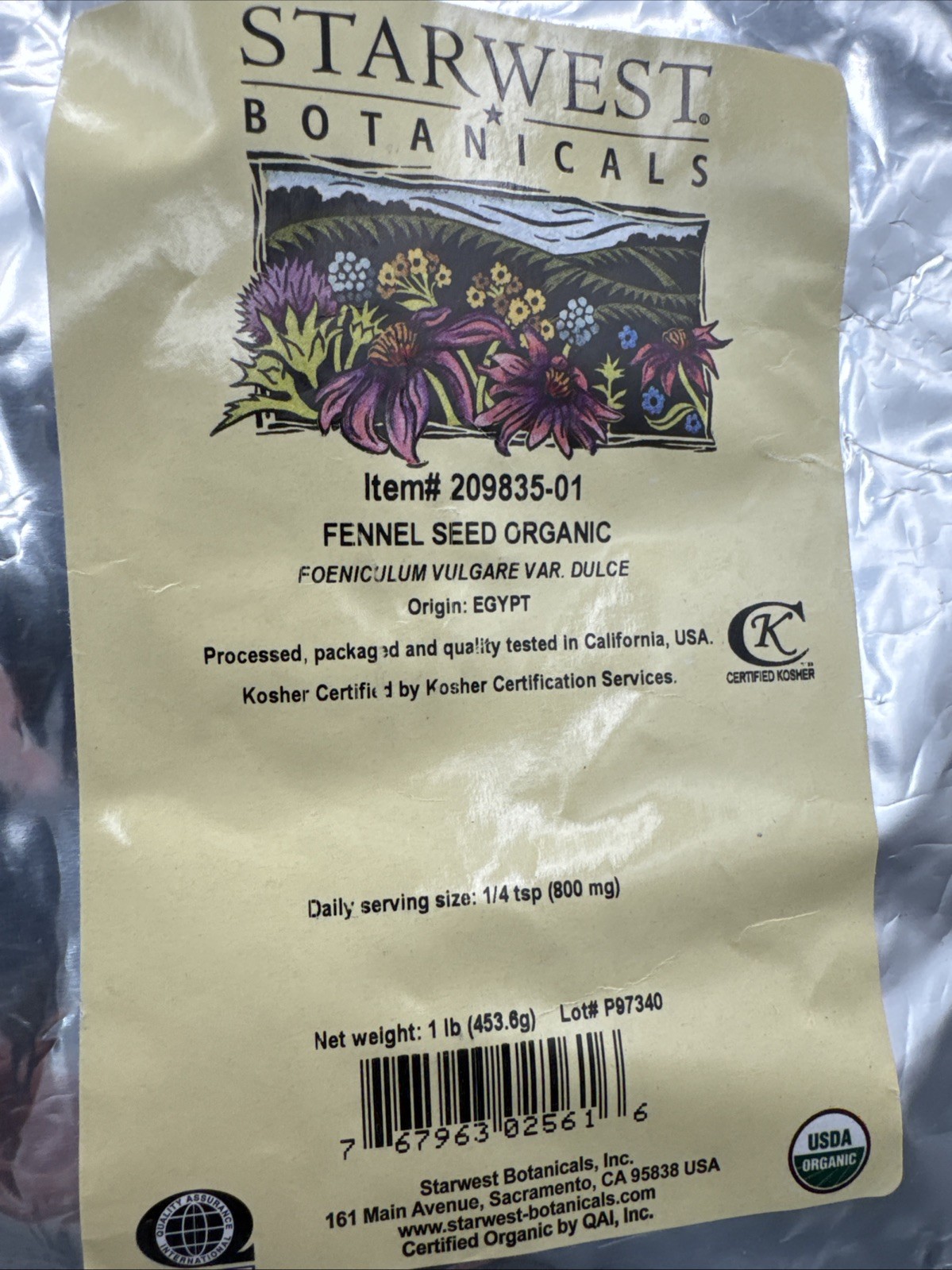 Starwest Botanicals Organic Fennel Seed 1 lb 453 6 g Kosher, Organic