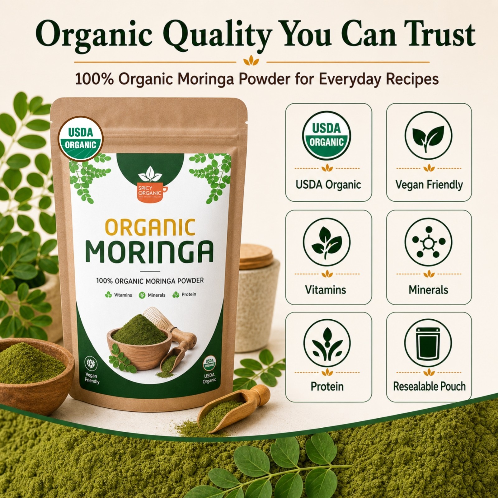 Spicy Organic Moringa Powder 8 oz | USDA Organic