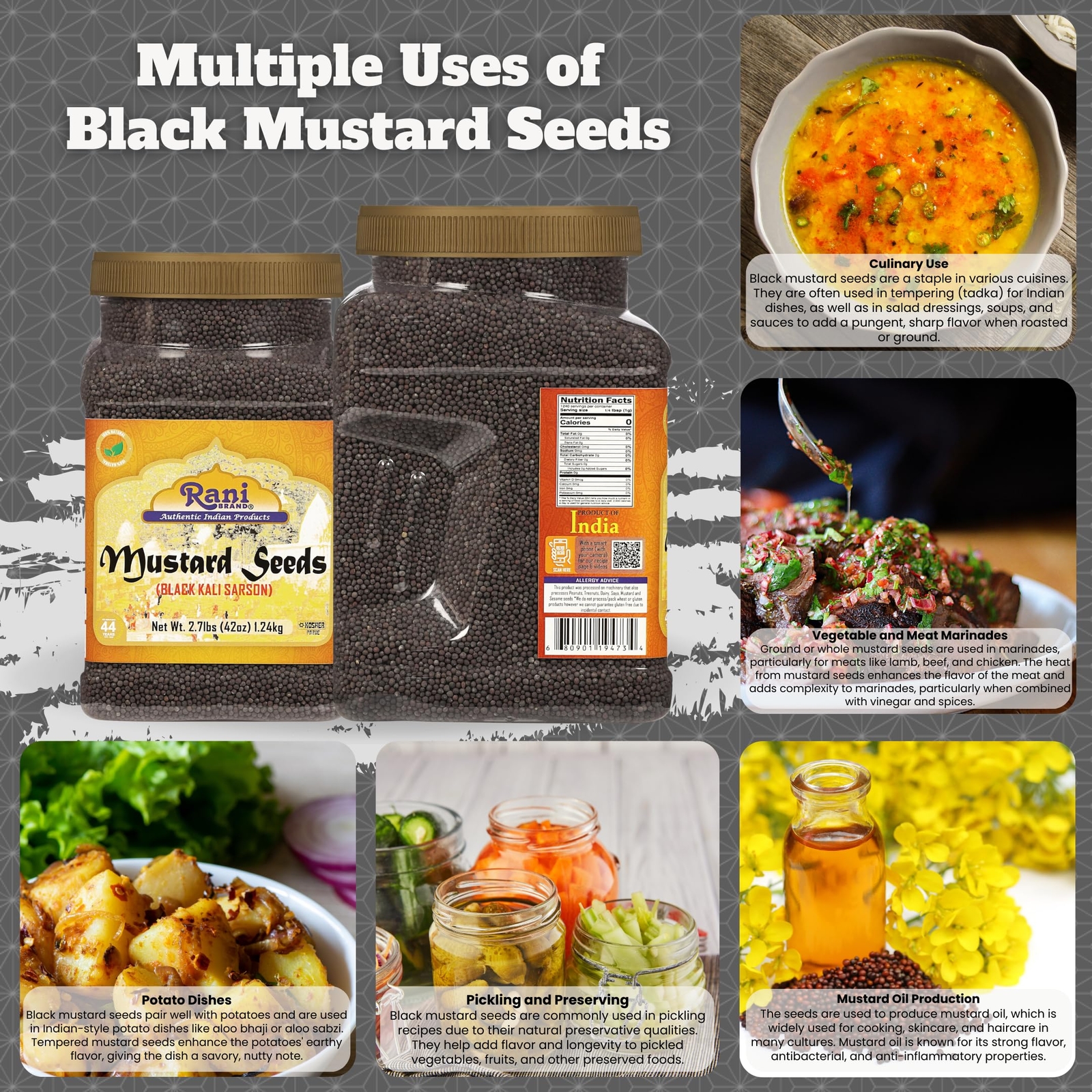 Rani Black Mustard Seeds Whole Spice (Kali Rai) 42oz (2.7lbs) 1.22kg PET Jar