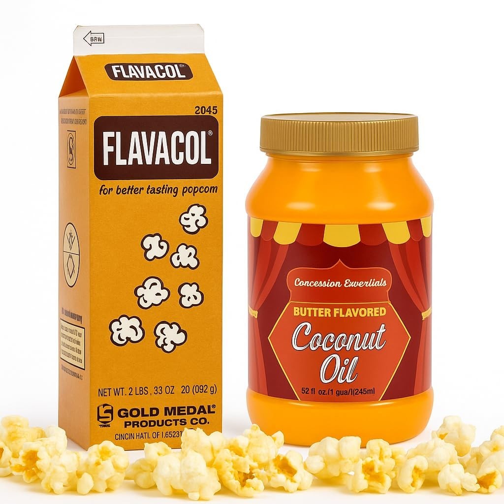 – Flavacol Popcorn Seasoning Salt 35oz & Concession Essentials Coconut Oil 32…