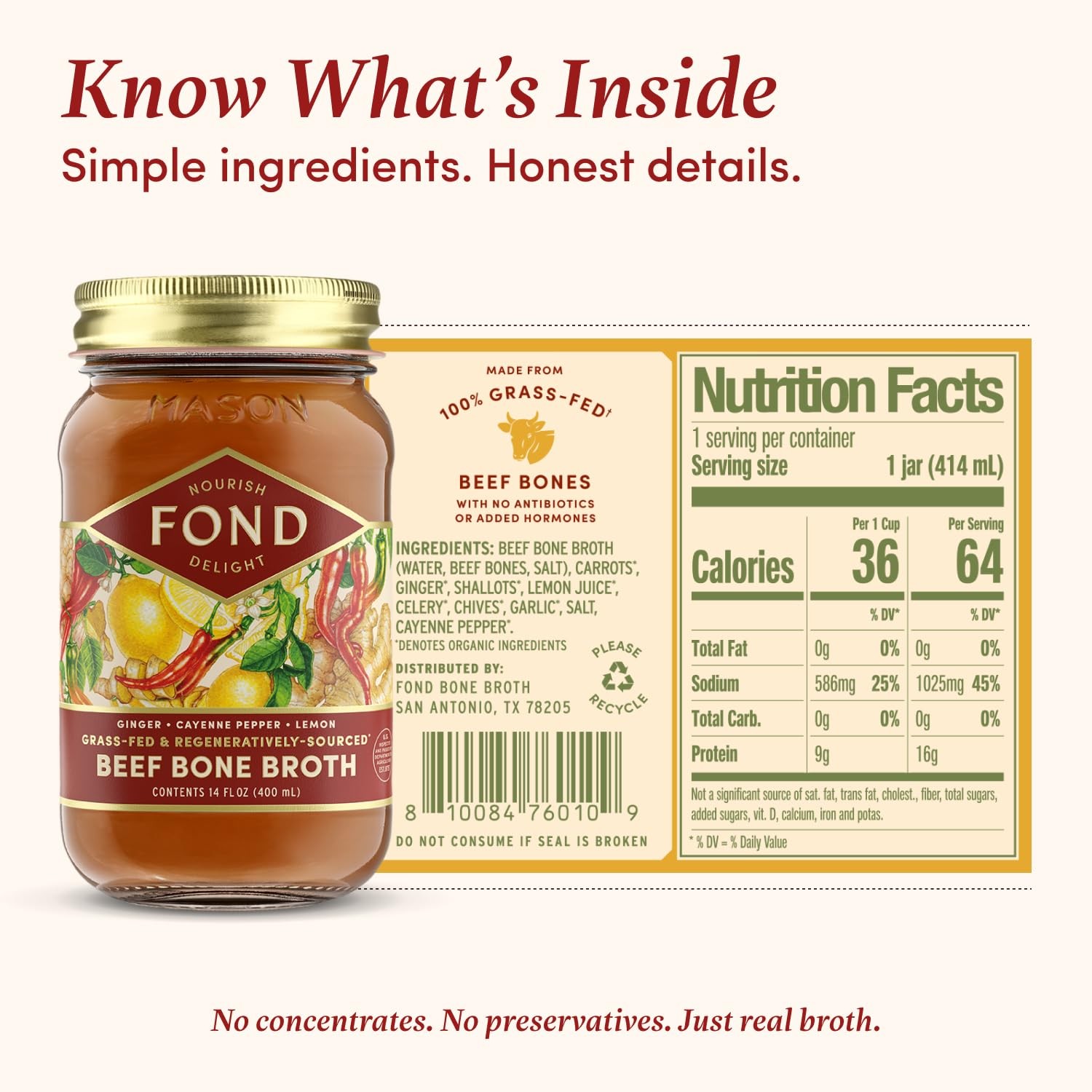 FOND Regenerative Grass Fed Beef Bone Broth Infused with Organic Ginger Caye…
