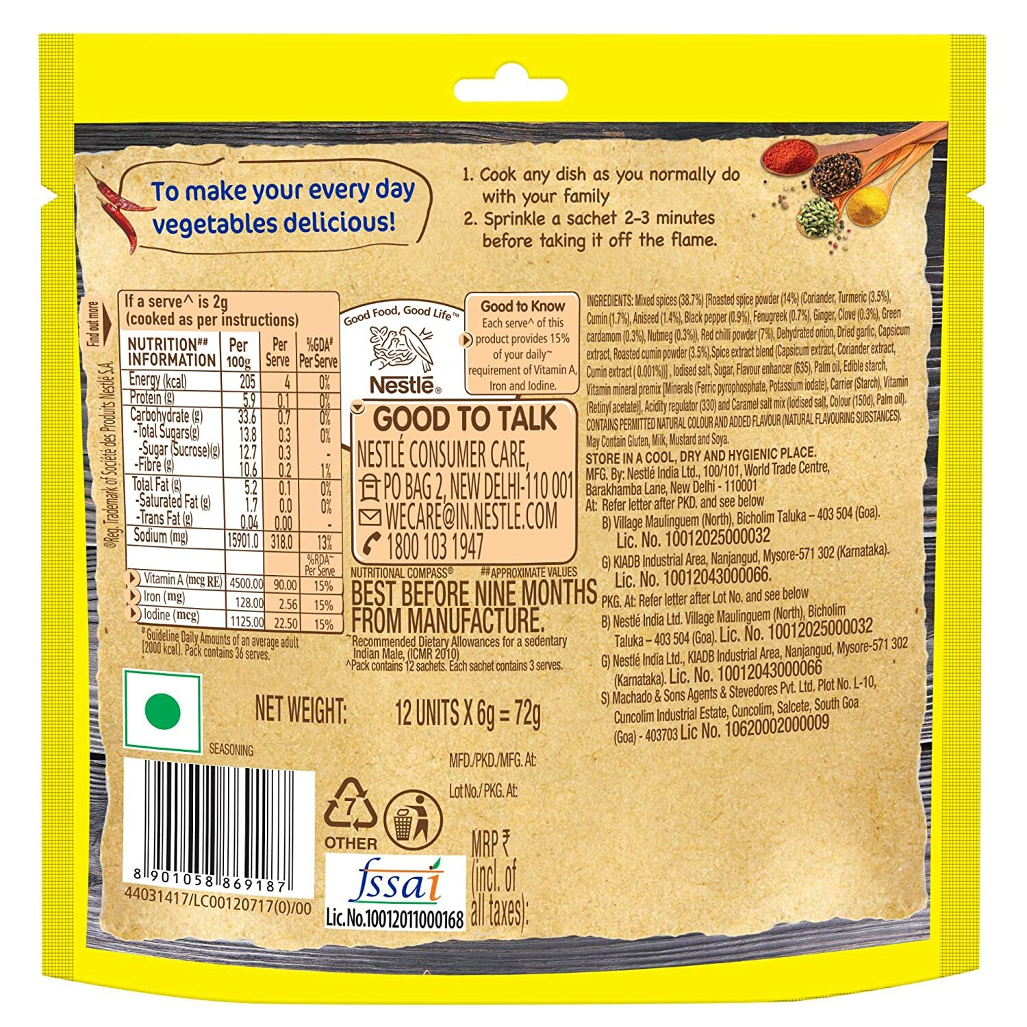 MAGGI Masala-ae-Magic Seasoning, Vegetable Masala – 72g Pouch (12 Sachet)