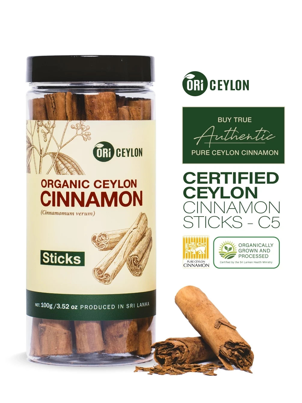 Organic Ceylon Cinnamon Sticks C5 Grade 100g Suitable For Cooking Tea and Baking