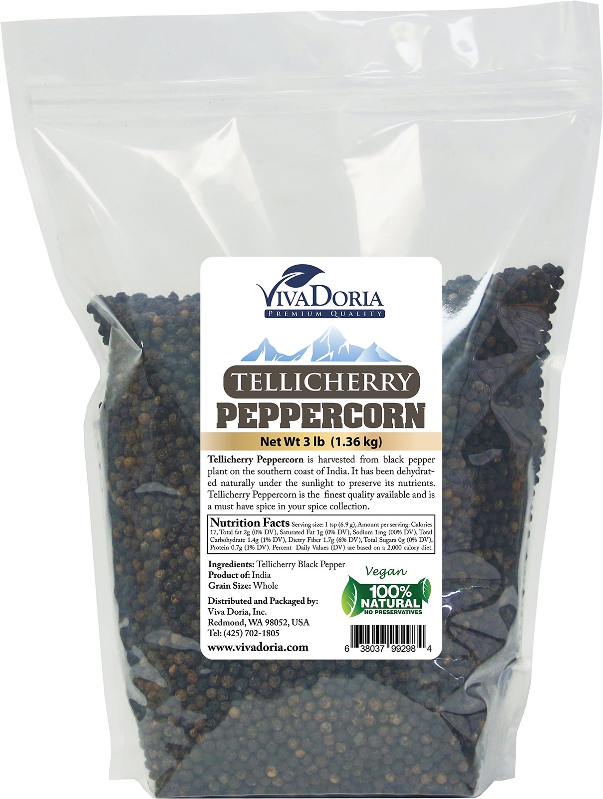 Tellicherry Black Peppercorn, Steam Sterilized Whole Black Pepper, 3 Pound, F…