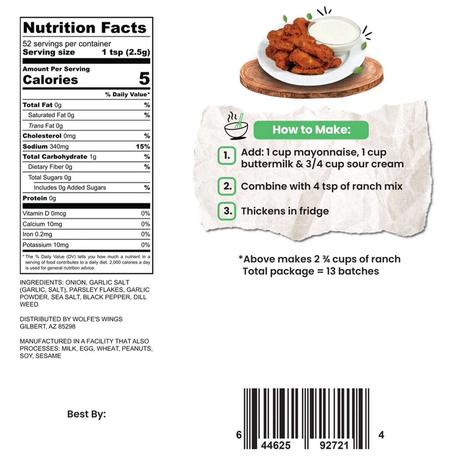 Wolfe’s Wings All Natural Ranch Mix – Dips, Salads, Wings, Makes 2.2 Gallons