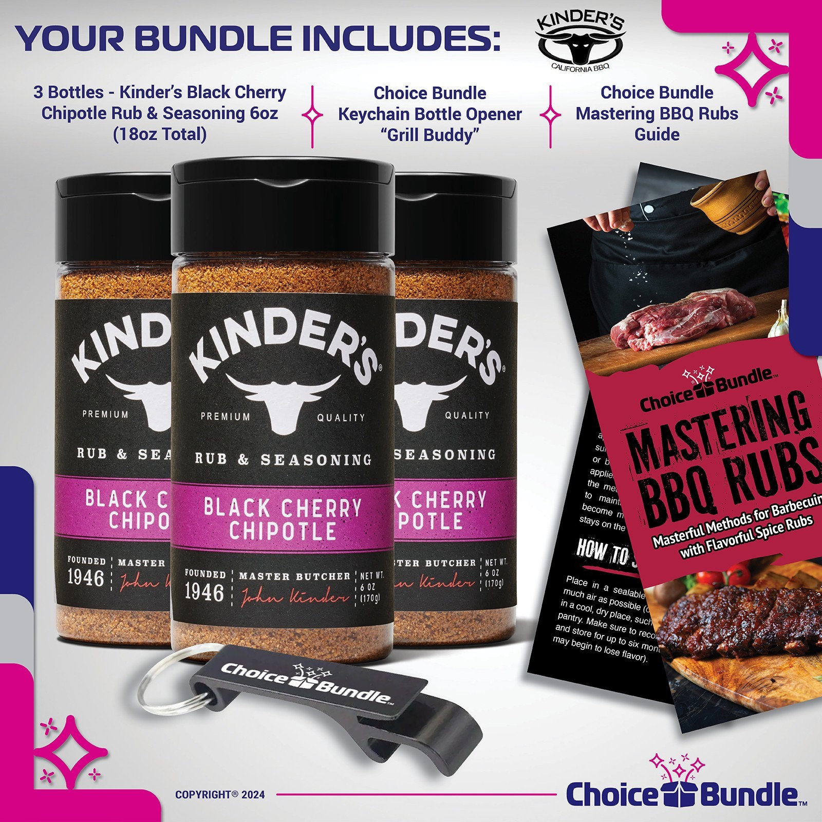 Kinder’s Black Cherry Chipotle BBQ Seasoning Rub 6 oz 3 Pack + Guide & Opener
