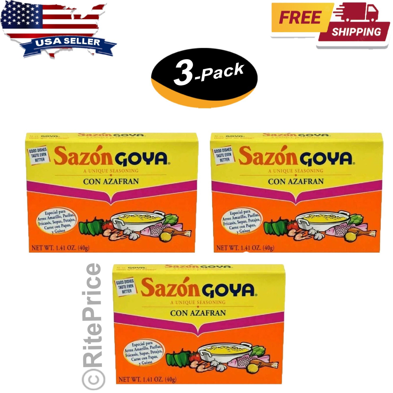 Sazon GOYA with Azafran (Saffron) 1.41Oz. (3 Pack) (8 Packets on each pack) New
