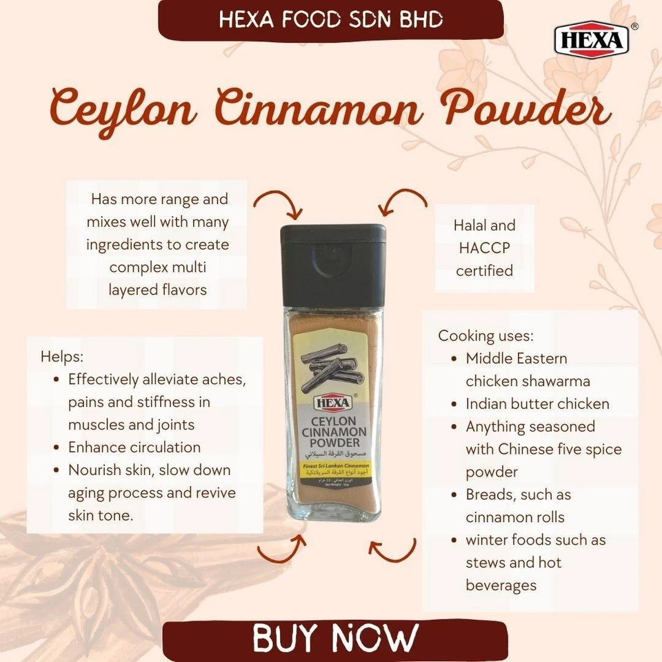 HEXA Sri Lanka Ceylon Cinnamon Powder 32gm Serbuk Kayu Manis Glass Jar