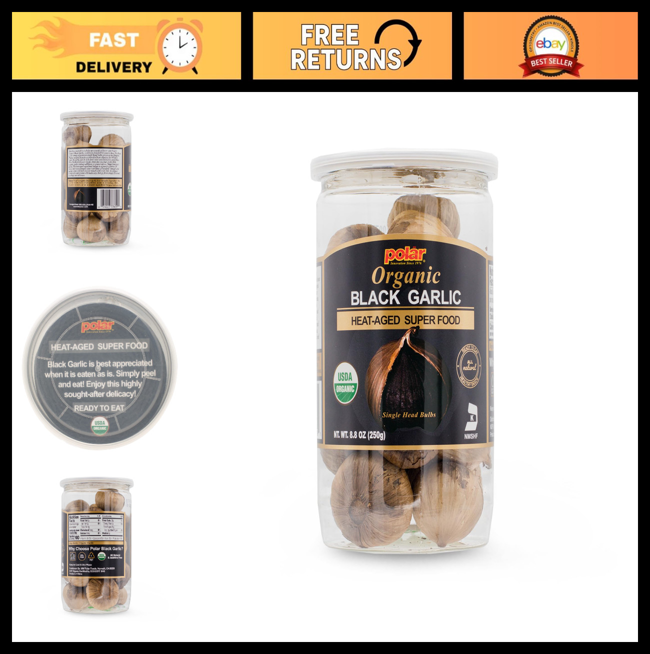 Organic Black Garlic Whole Bulbs 8.8oz (Pack of 6) – Easy Peel, All Natural, Hea