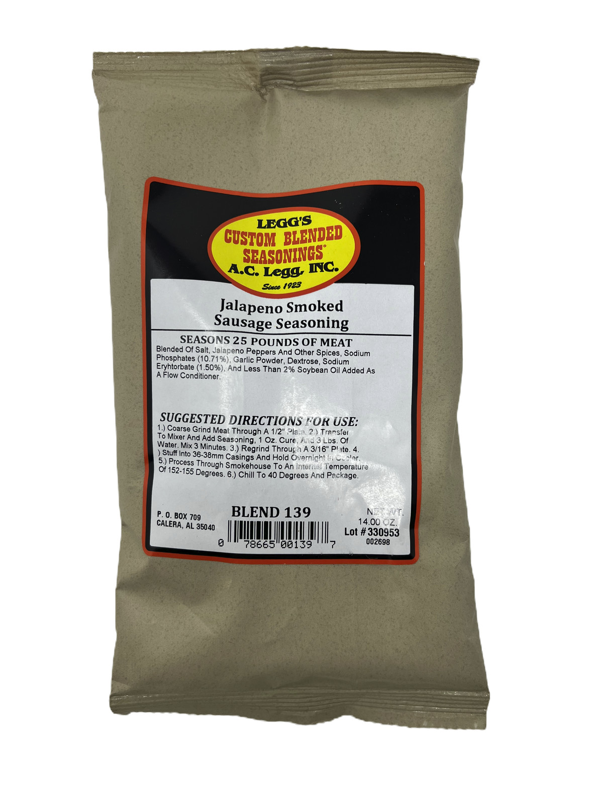 AC Legg’s Jalapeno Sausage Seasoning Blend 139 – 14 oz Bag – Seasons 25 of Meat