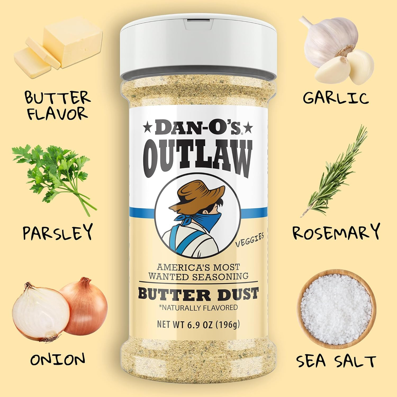 Outlaw Seasoning 6 Bottle Set- Butter Dust, Butter Steak, Spicy BBQ, Sweet Carib