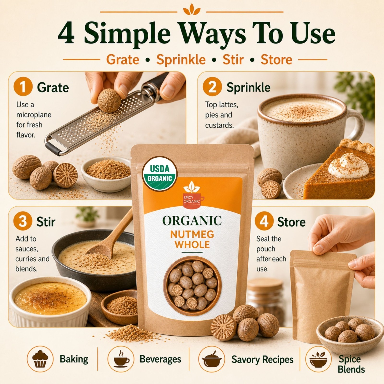 Spicy Organic Nutmeg Whole 16 oz | USDA Organic