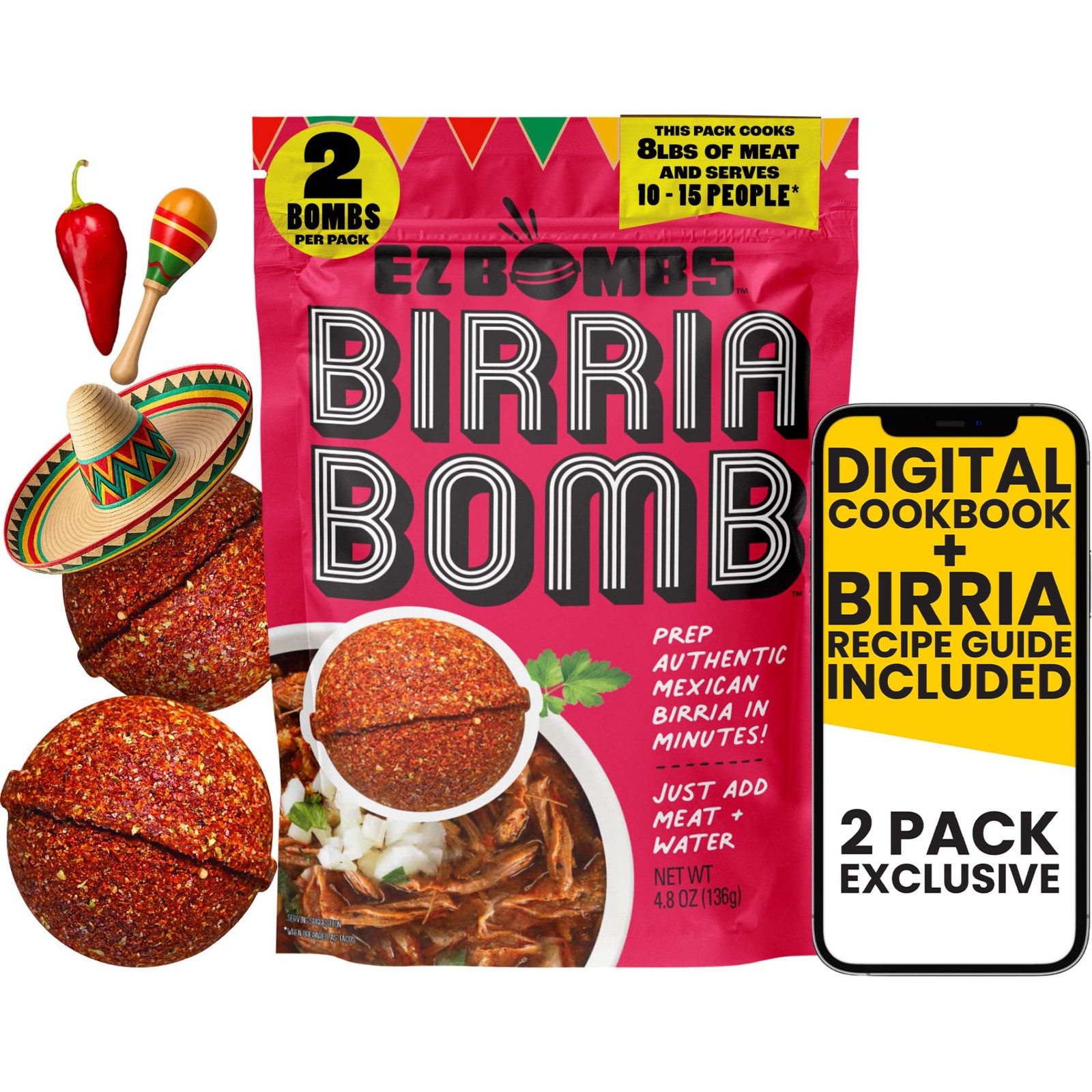 EZ Bombs Birria Bomb Seasoning, Pack of 2 – Authentic 4.8 Ounce (Pack 1)