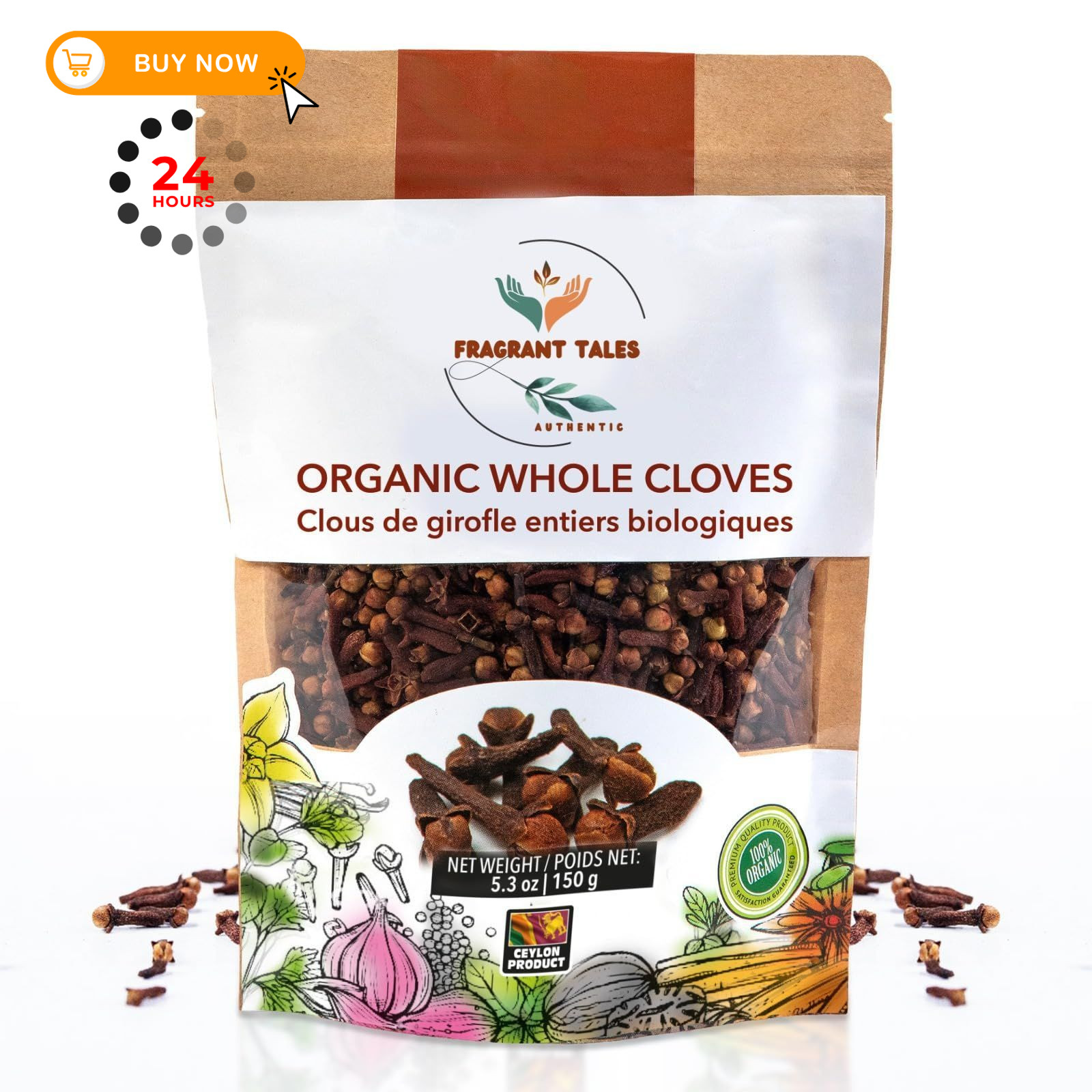 Premium Organic Whole Cloves 5.3 oz (150 grams), Grade Hand Picked, Medium