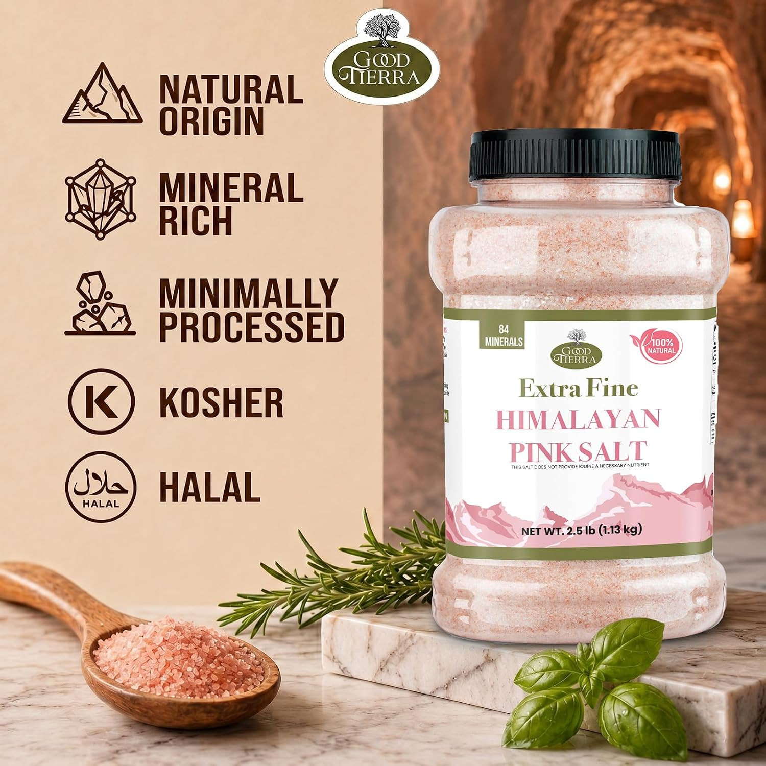 Good Tierra Himalayan Pink Salt, Extra-Fine, 2.5 Lb Jar, Sea Salt, Kosher | 84 T