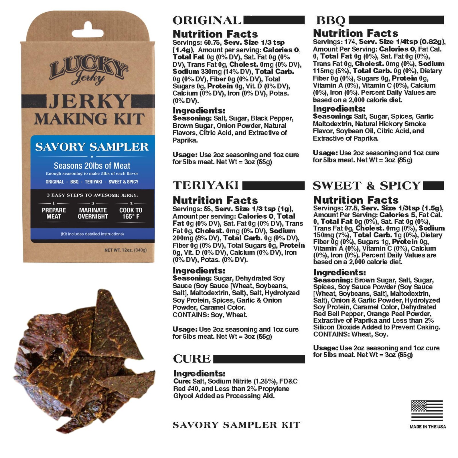Jerky Seasoning Kit Four Flavors Original BBQ Teriyaki Sweet Spicy Makes 20lbs