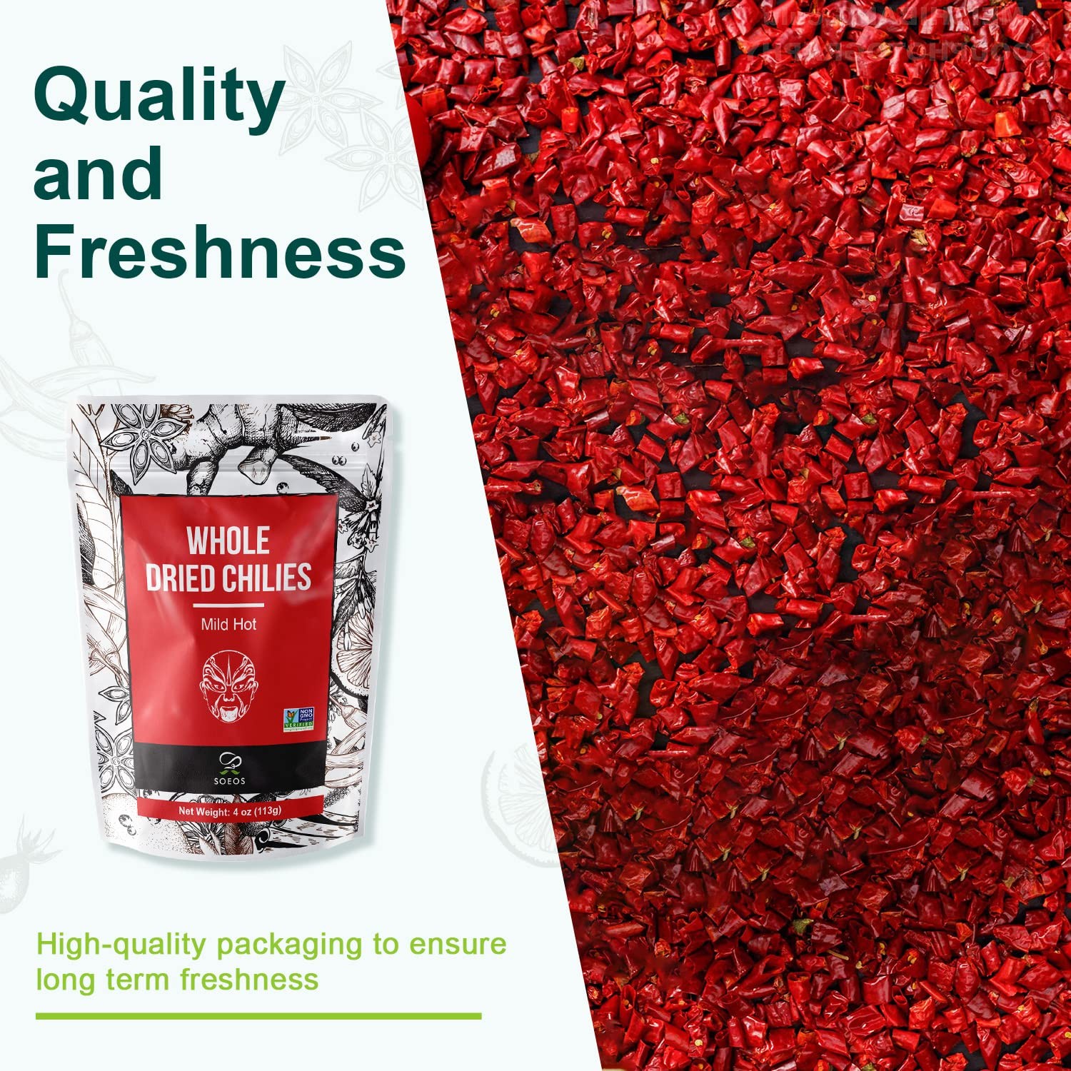 Soeos Whole Dried Chilies 4 oz, Mild Spicy Chili Peppers, 4 Ounce (Pack of 1)