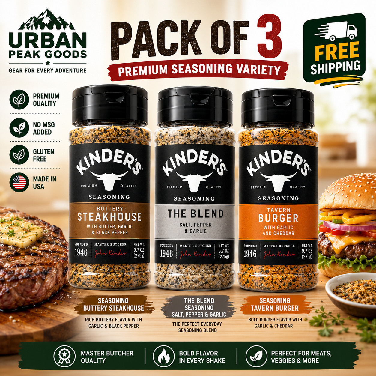 Kinder’s Seasoning Variety Pack of 3 Steakhouse Blend & Garlic Cheddar Burger