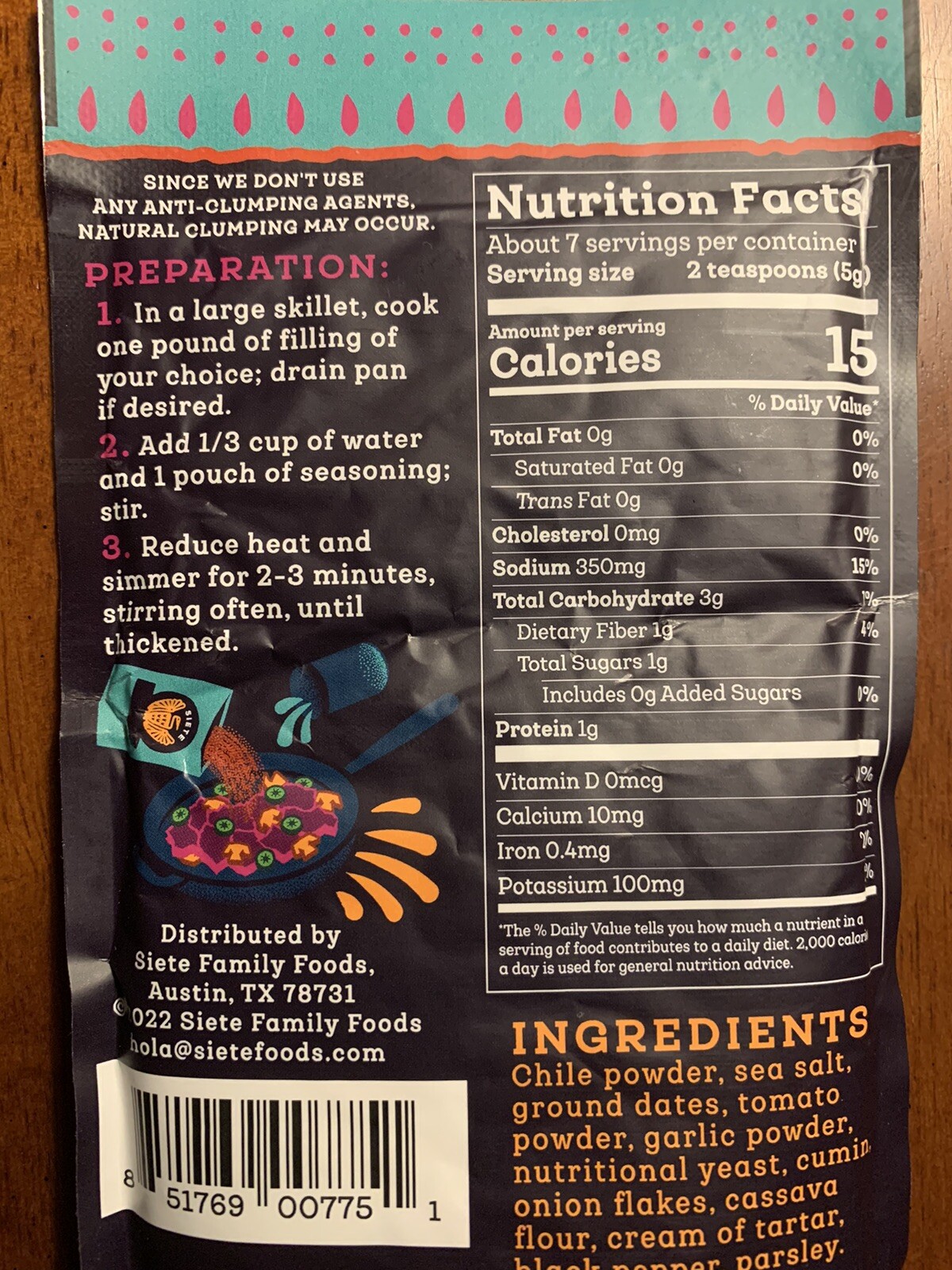 Siete Mild Taco Seasoning Vegan Gluten Free Grain Free Paleo 1.31 oz. Packet