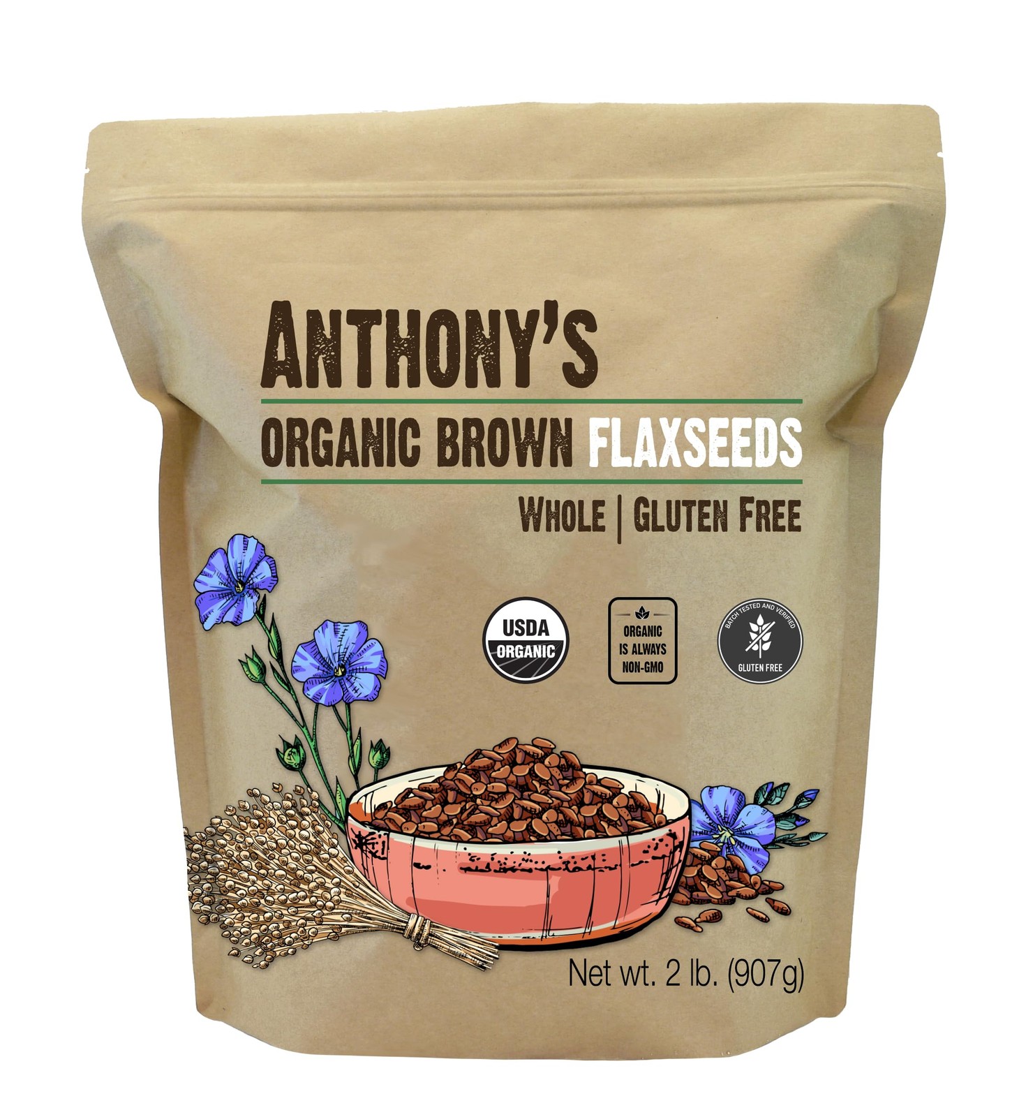 Anthony’s Organic Brown Whole Flaxseed, 2 lb Gluten Free, Raw, Non GMO