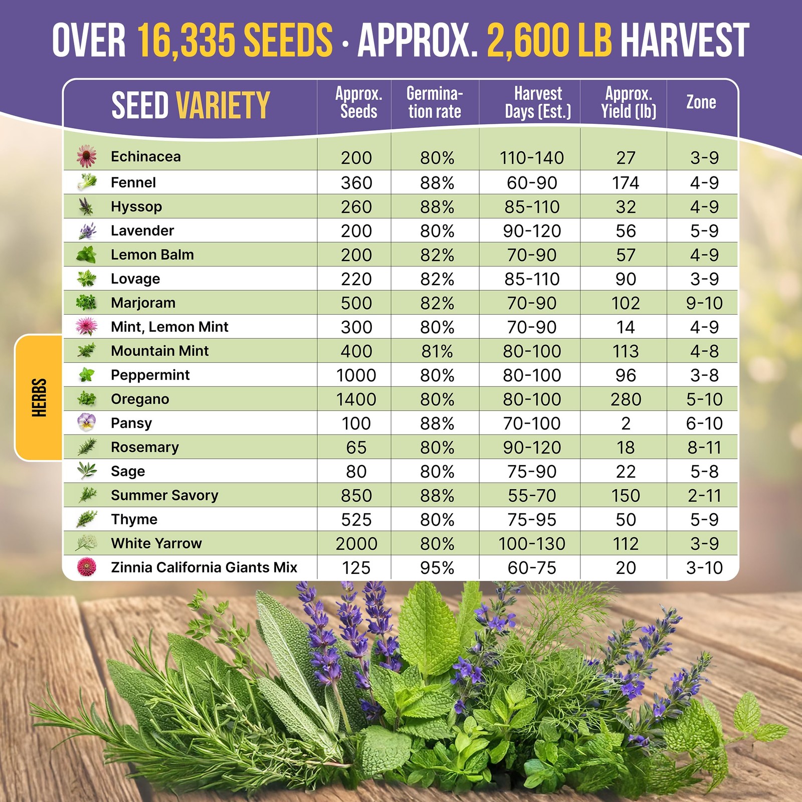 35 Medicinal & 35 & Tea Herb Seeds, White, Yellow, Purple, Green