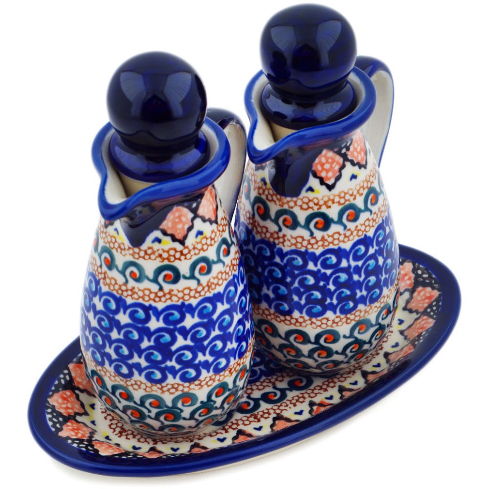 Polish Pottery Seasoning Set 7-inch Coral Diamonds UNIKAT Handmade Poland