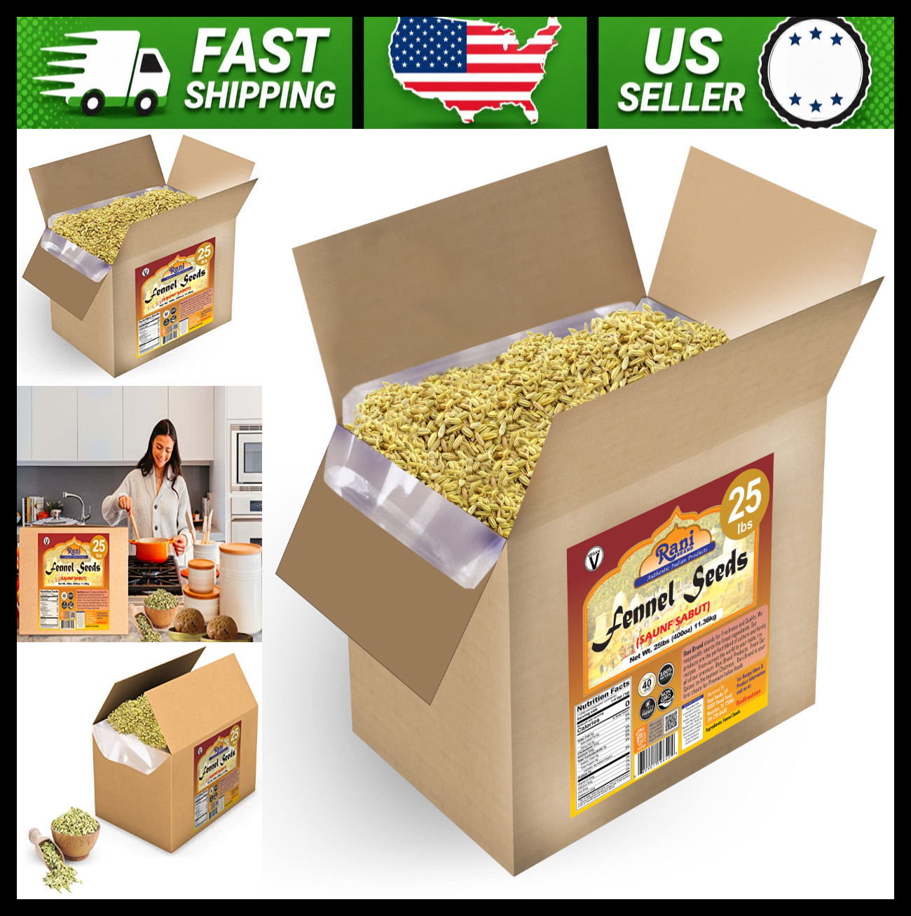 Rani Fennel Seeds Whole Spice 25 lb Bulk Box