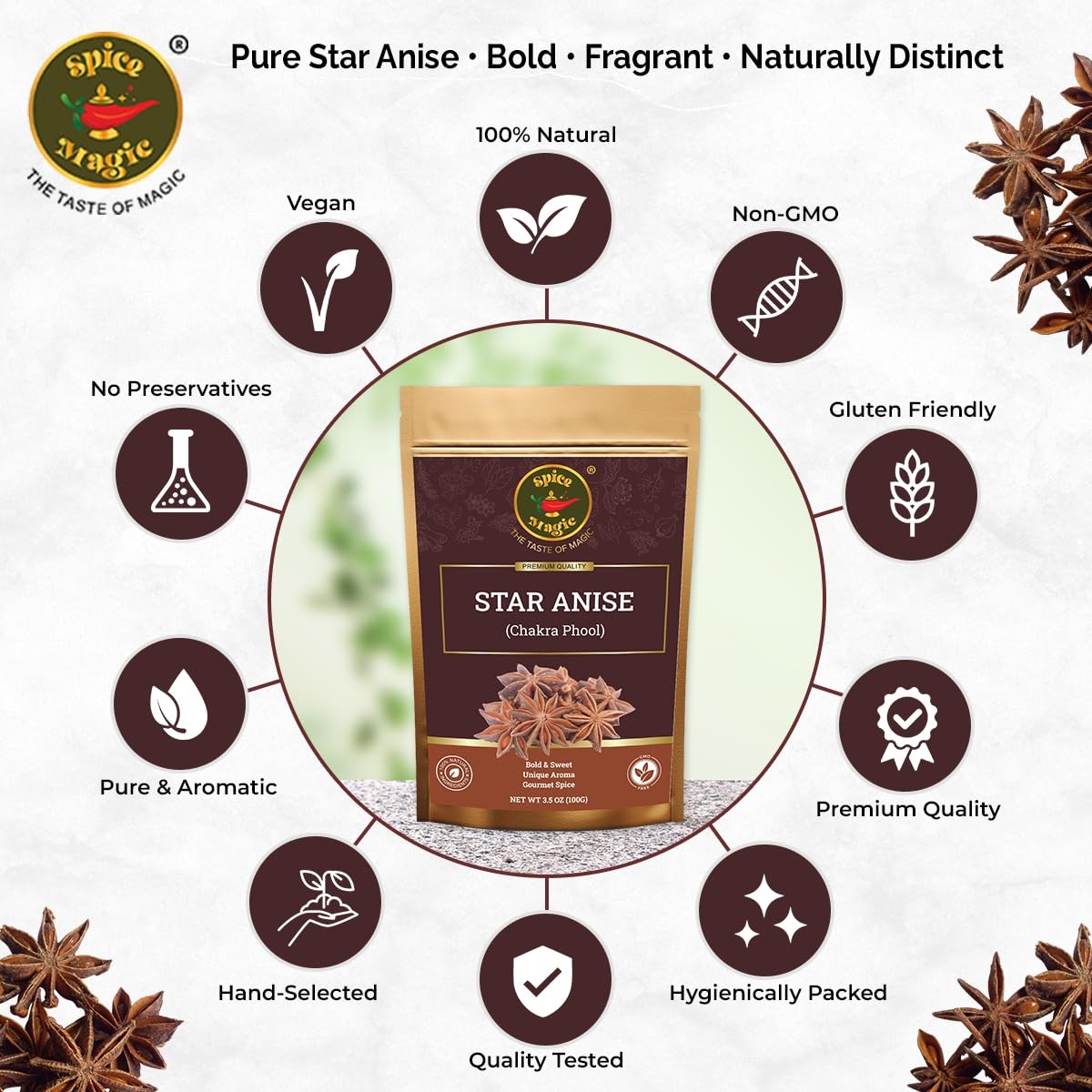 Spice Magic Star Anise Whole, Pods for Pho, Chai & Mulled Wine, 3.5oz (100g)