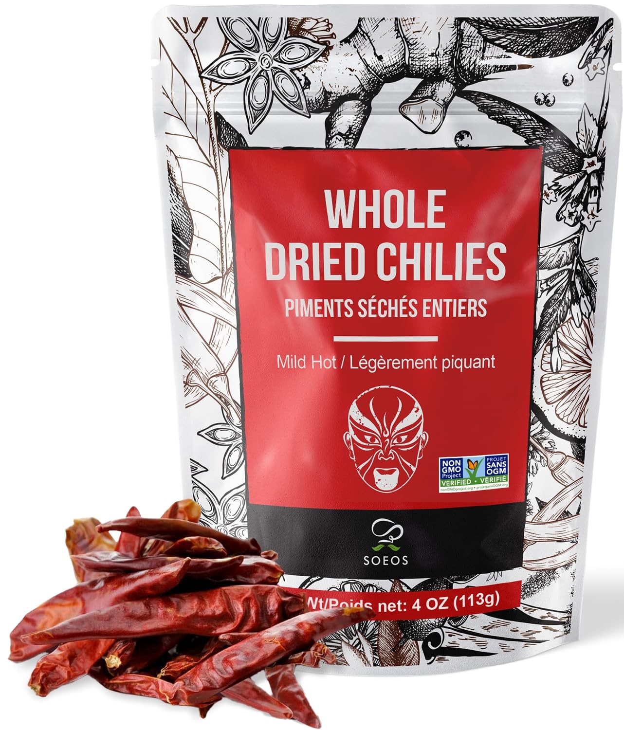 Soeos Whole Dried Chilies 4 oz, Mild Spicy Chili Peppers, 4 Ounce (Pack of 1)