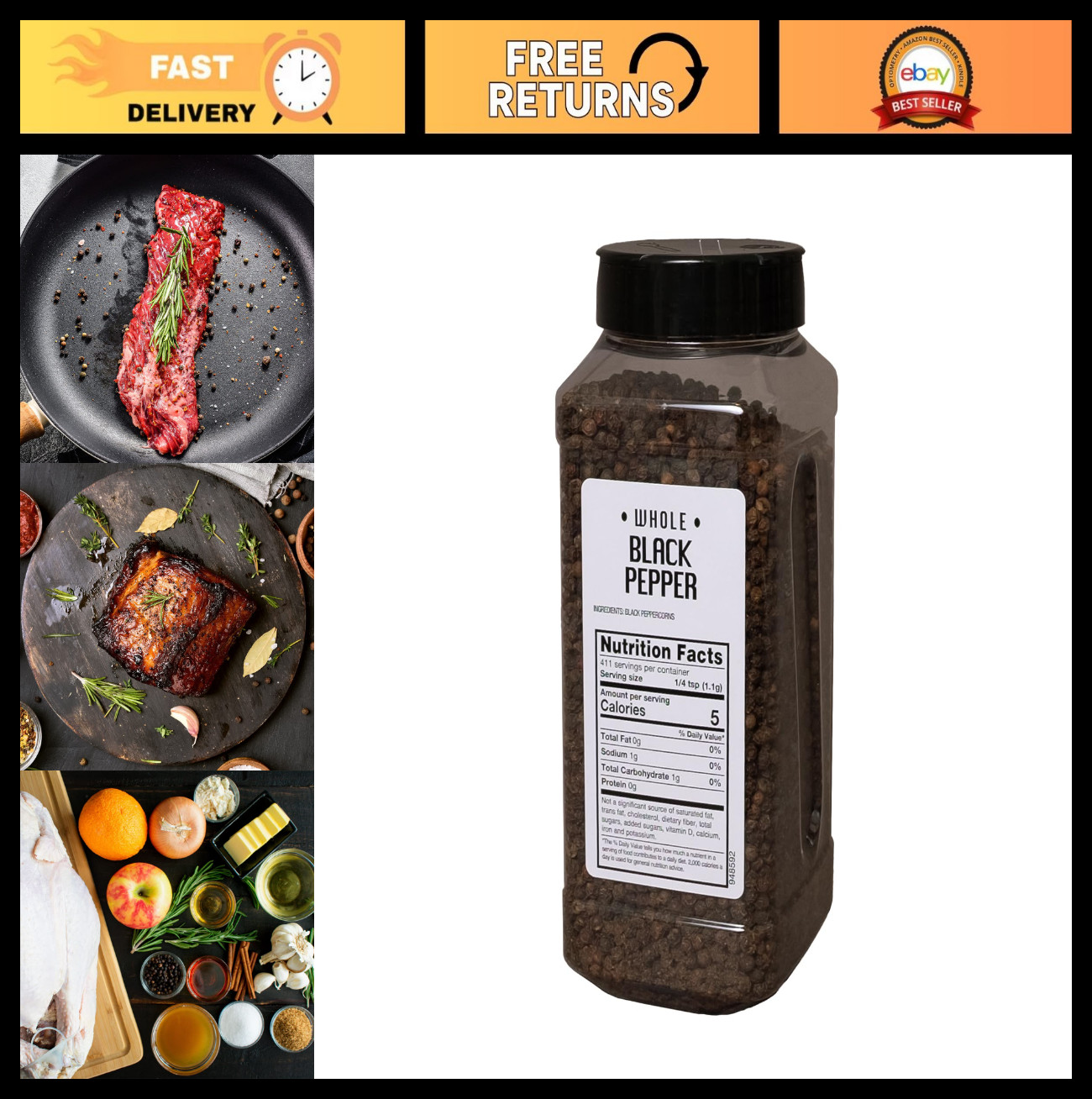 Whole Black Pepper – 1 lb Canister | Premium Spice for Cooking & Foodservice