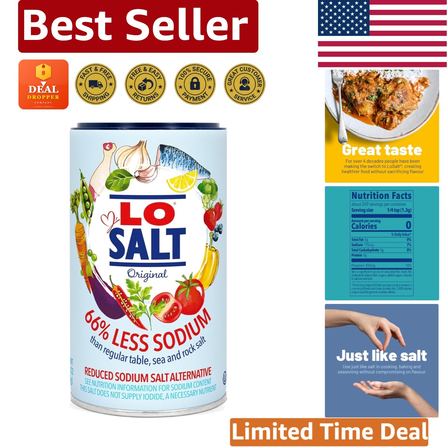 Flavorful 66% Less Sodium Salt | Non-Iodized | 12.3oz Healthy Option