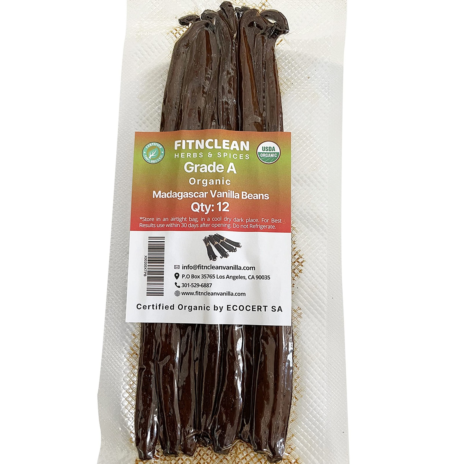 12 Organic Madagascar Vanilla Beans Grade A. Certified USDA Organic 6″-7.5″ b…