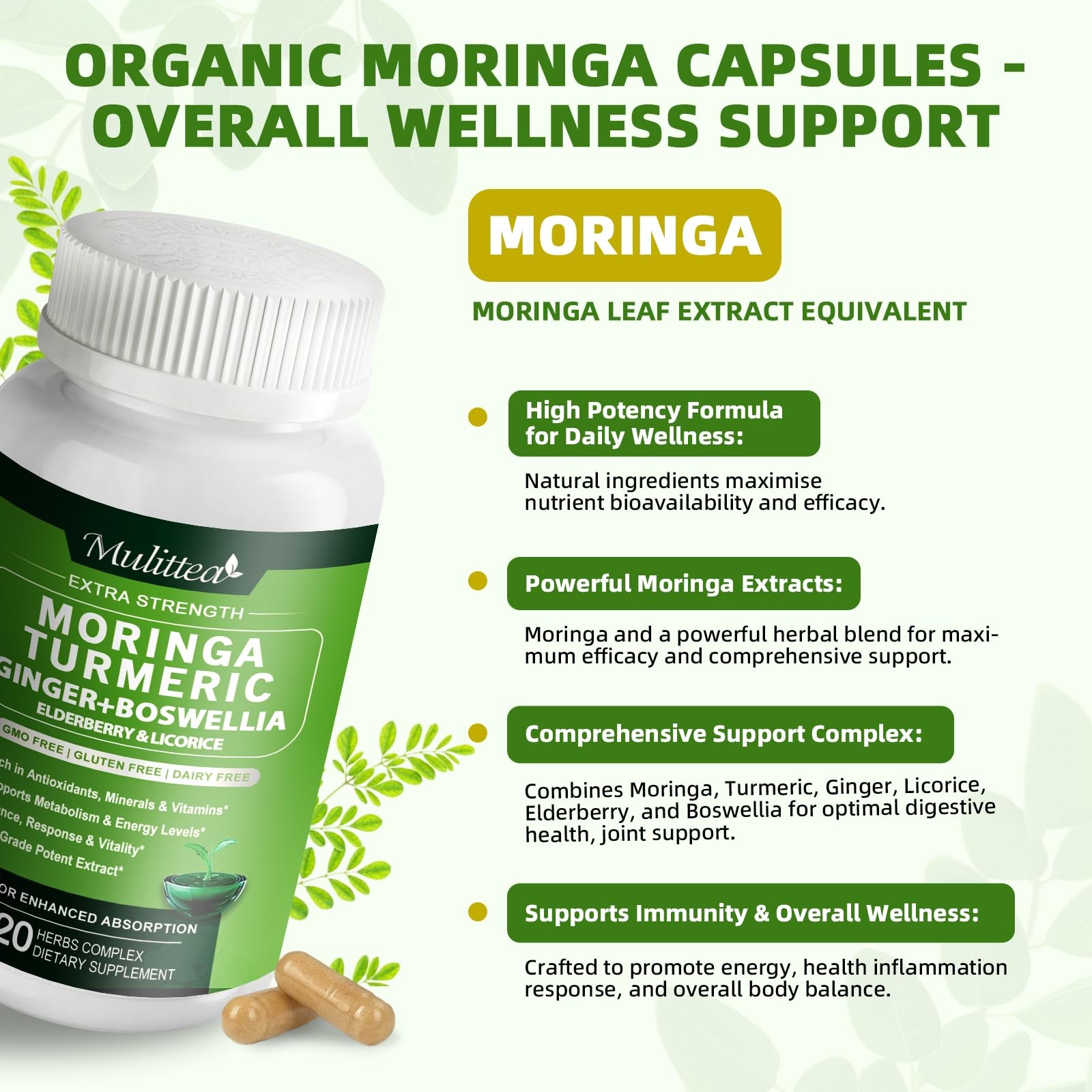 Moringa Capsules Organic 1000mg, 7-in-1 Superfood with 120 Count (Pack of 1)