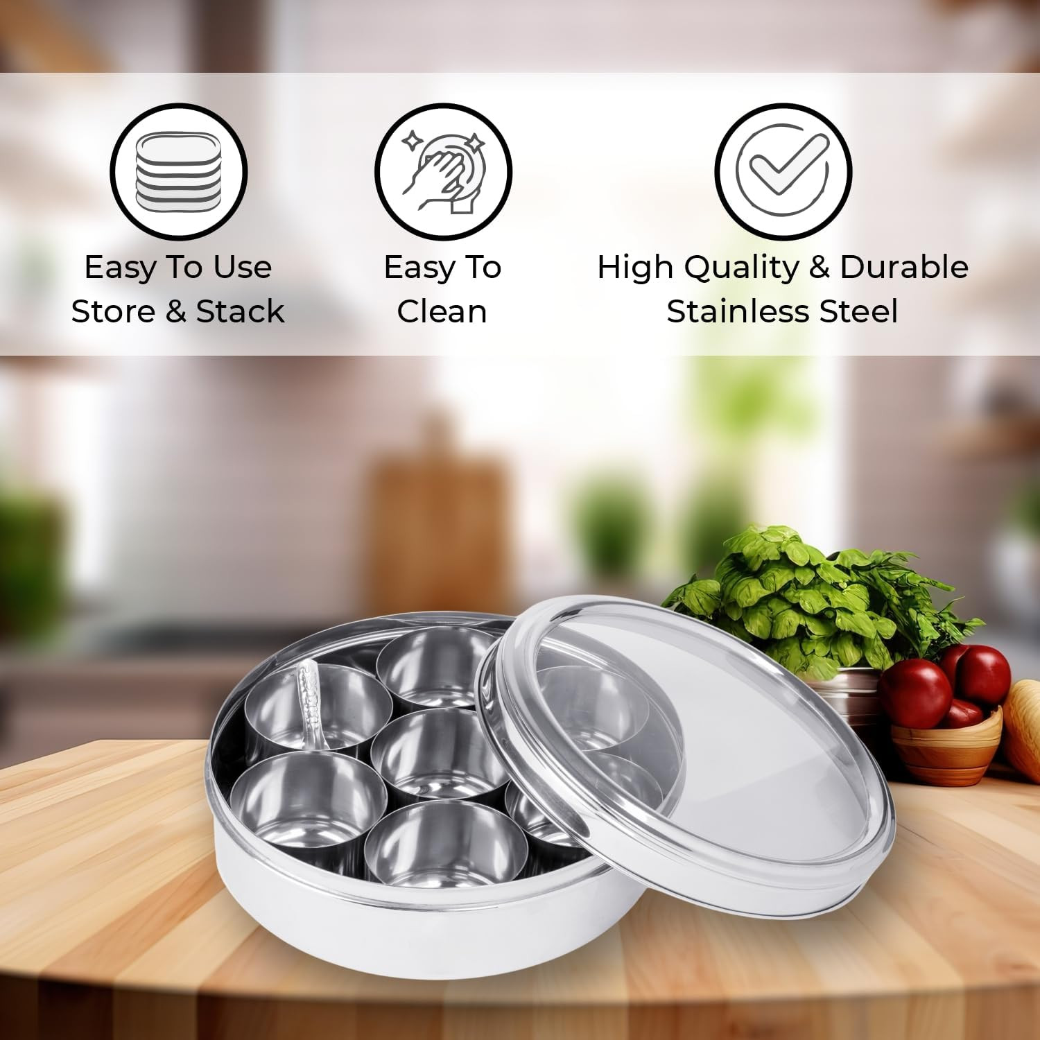 Stainless Steel Indian Spice Box – 7 Containers, Masala Dabba, Kitchen Spice Con