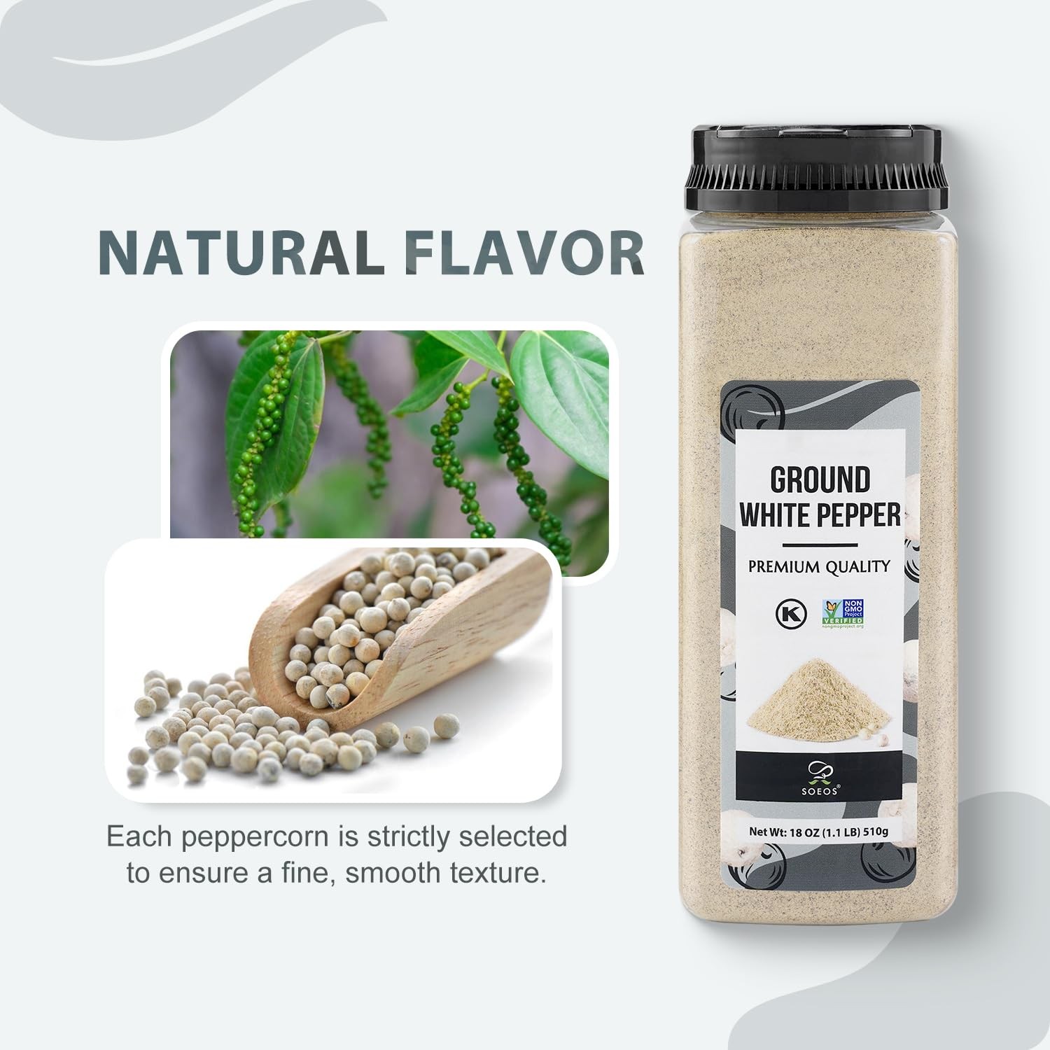 Soeos Ground White Pepper, 18oz 510g, NonGMO, Kosher Certified, Fresh, Aromat…