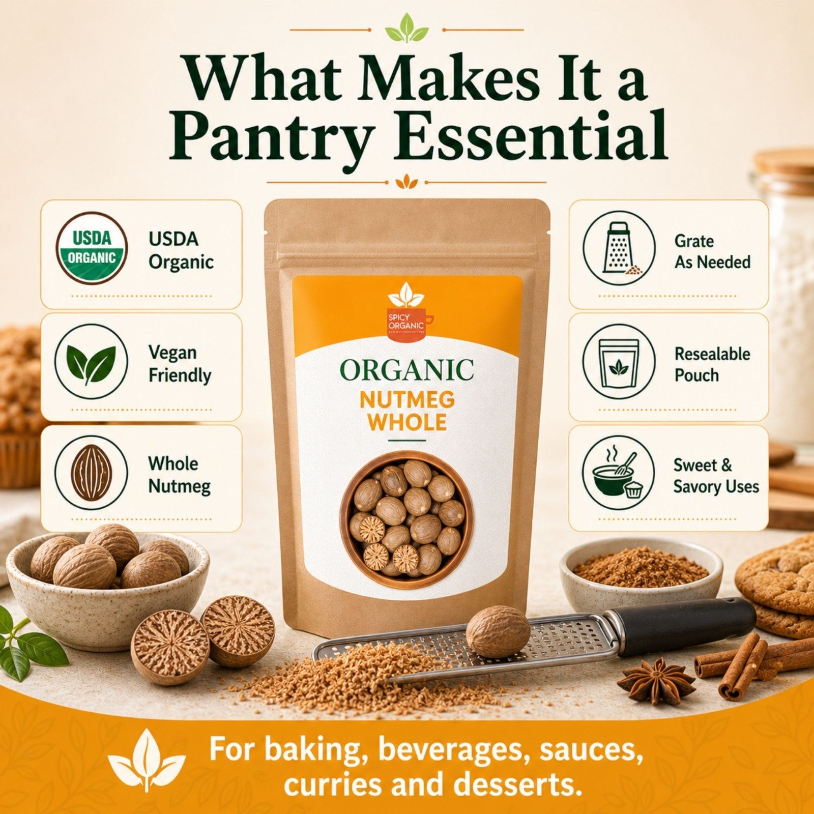 Spicy Organic Nutmeg Whole 8 oz | USDA Organic
