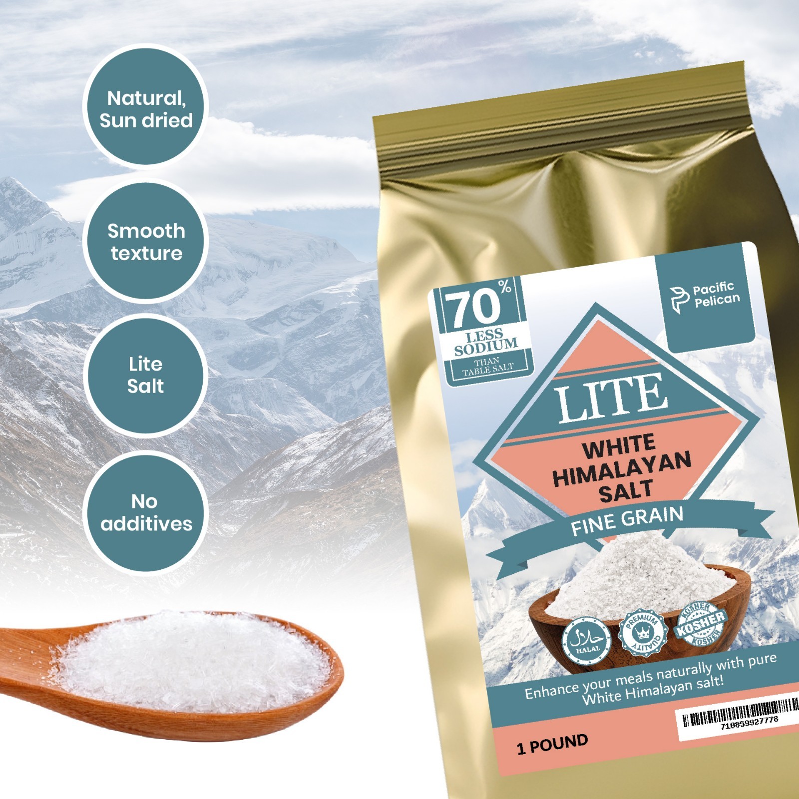 70% Less Sodium Iodized Lite White Himalayan Salt, Fine Grain, 1 Pound, 2 Pack