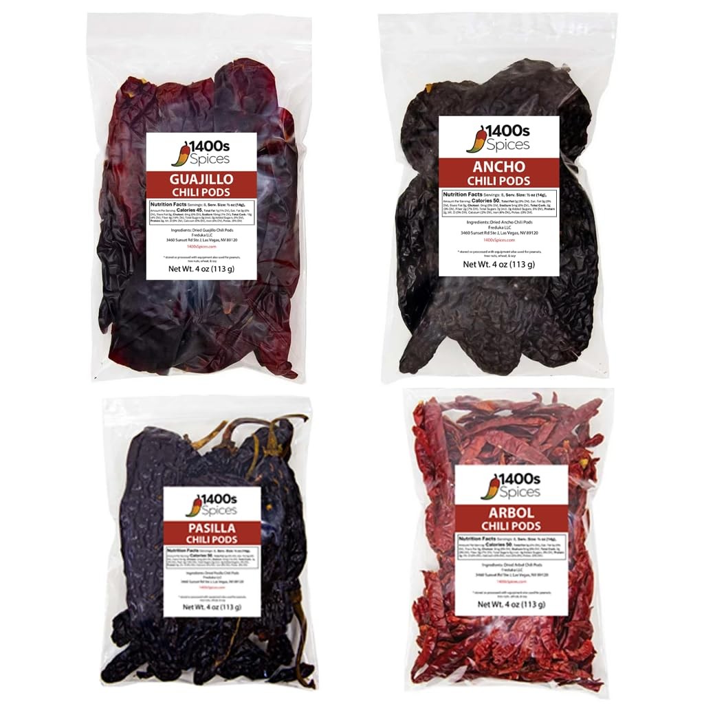 4 Pack Dried Chile Peppers Guajillo Ancho Pasilla Arbol