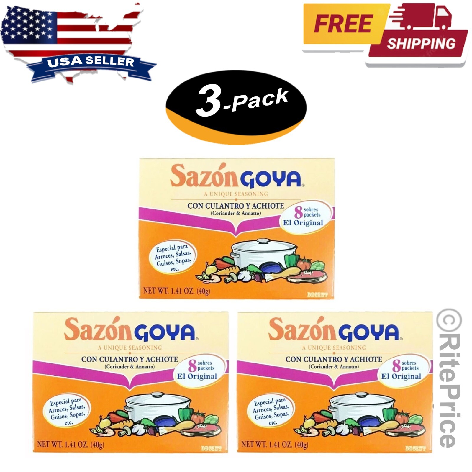Goya Sazon Con Culantro Y Achiote Seasoning (3 Pack) Coriander & Annatto 1.41 0z