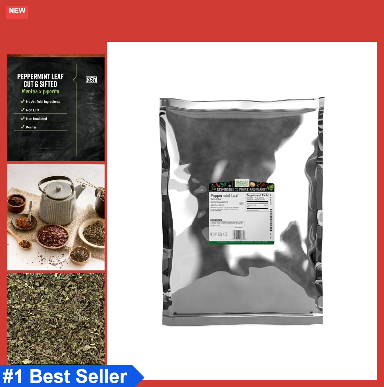 Peppermint Leaf Cut and Sifted 16 Ounce Kosher Non-Irradiated Tea Brewing