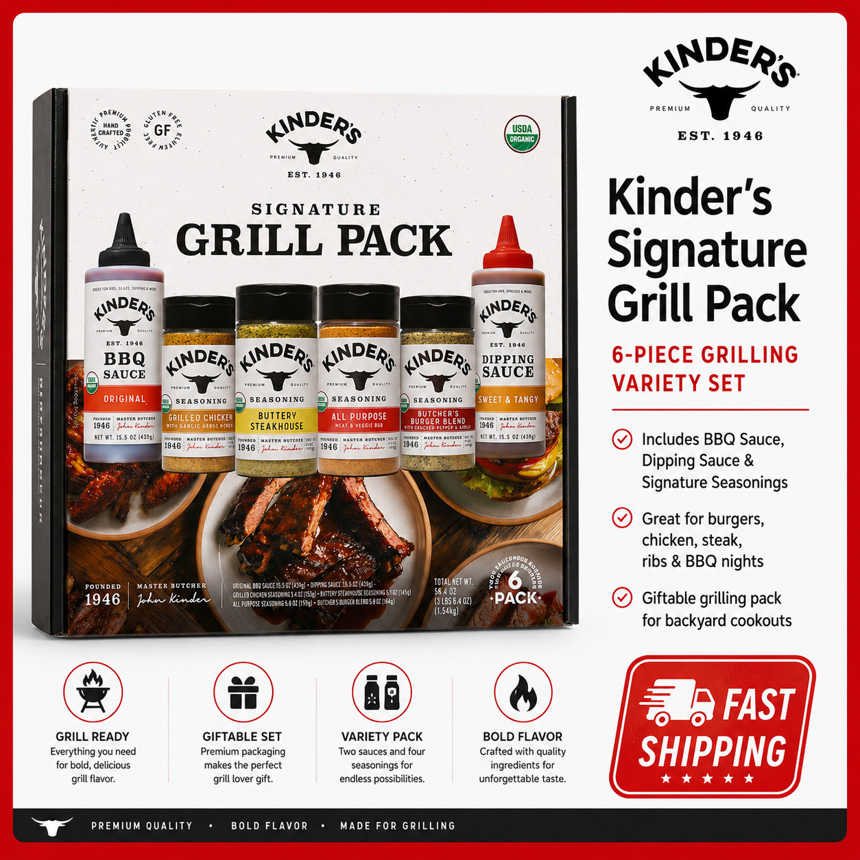 Kinder’s Grill Pack Organic Seasoning & Sauce Set, 6-Pack, Total 54.4 oz