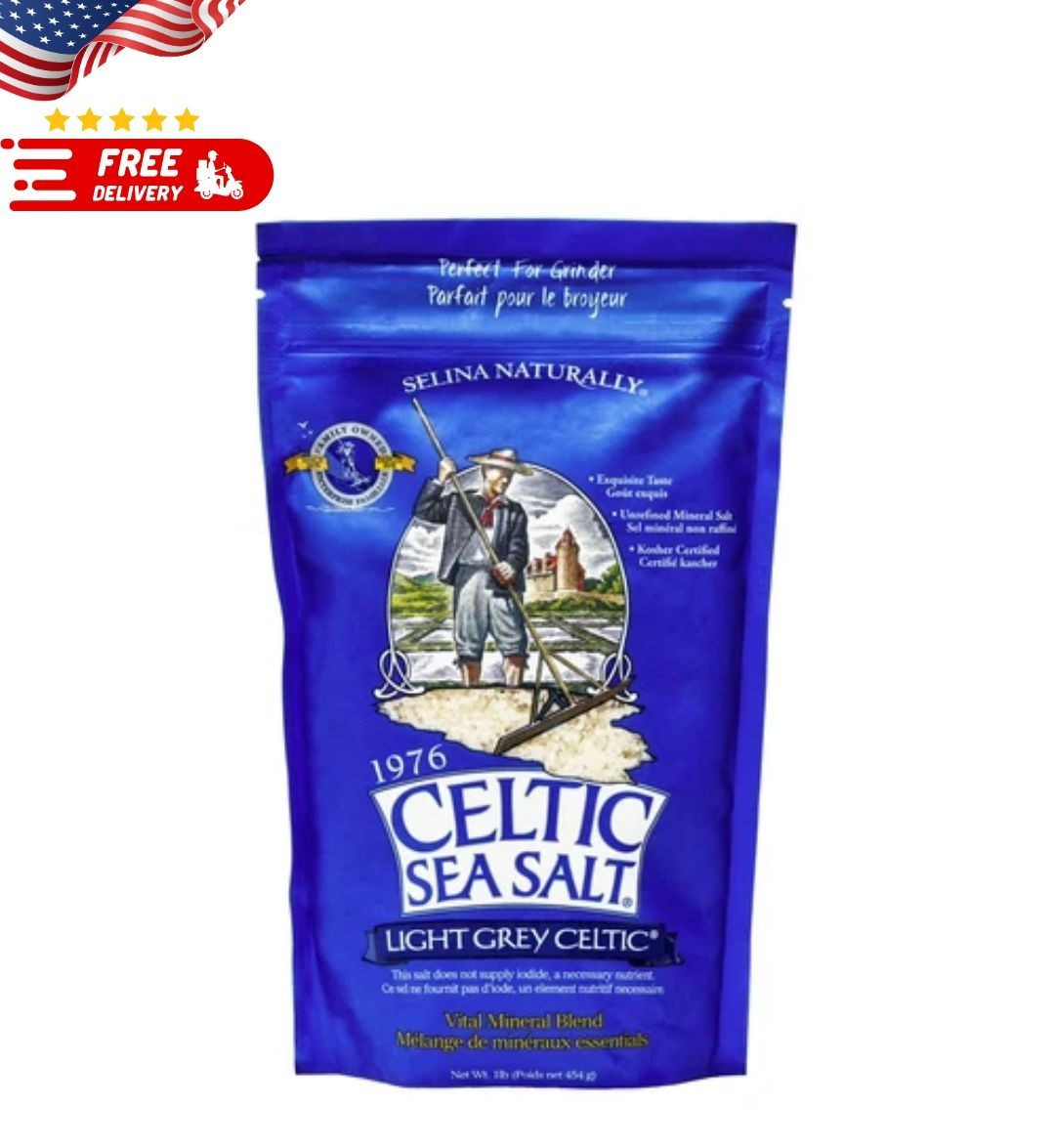 Light Grey Celtic Sea Salt Pound Resealable Bag–Additive-Free,Gluten-Free,454G