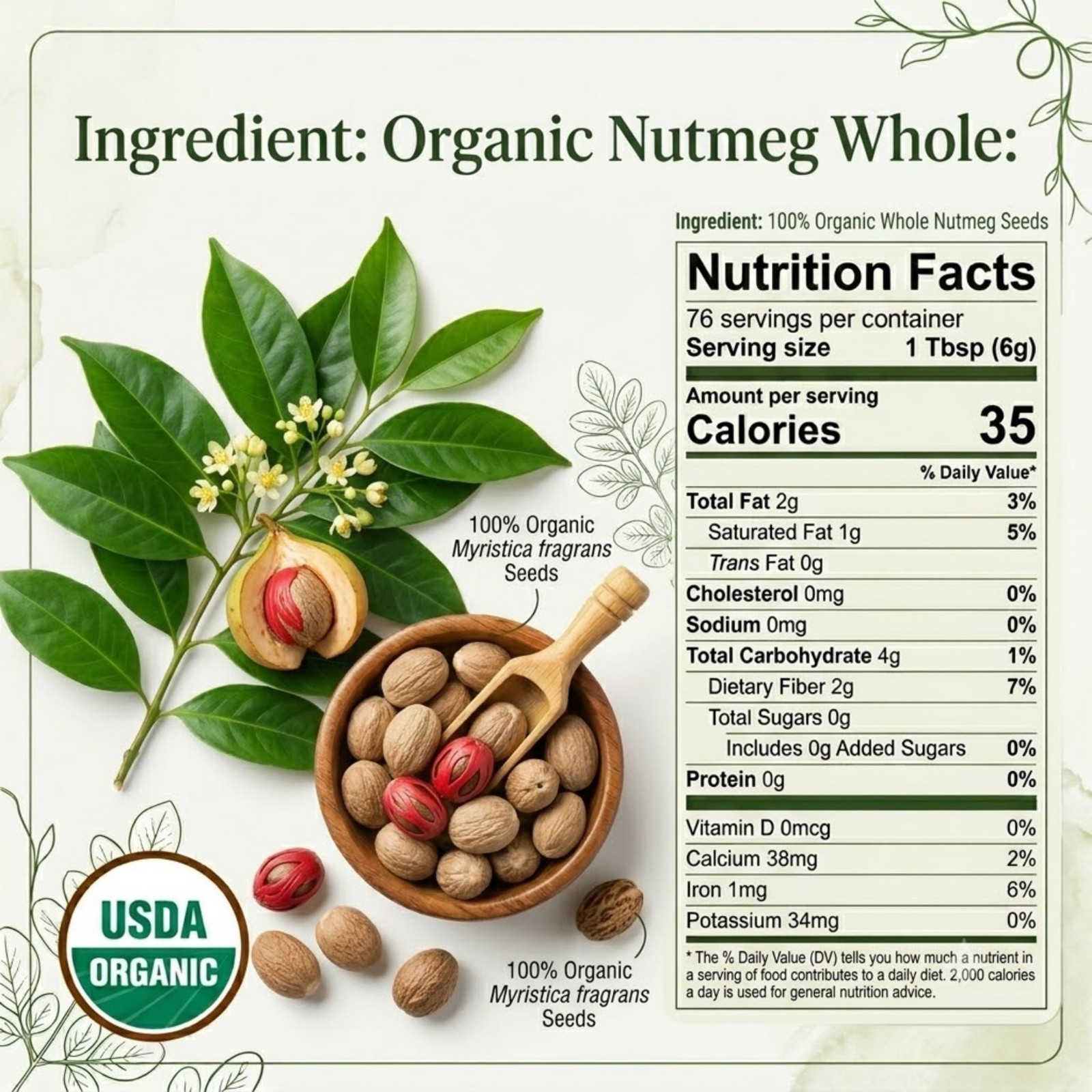 Spicy Organic Nutmeg Whole 16 oz | USDA Organic