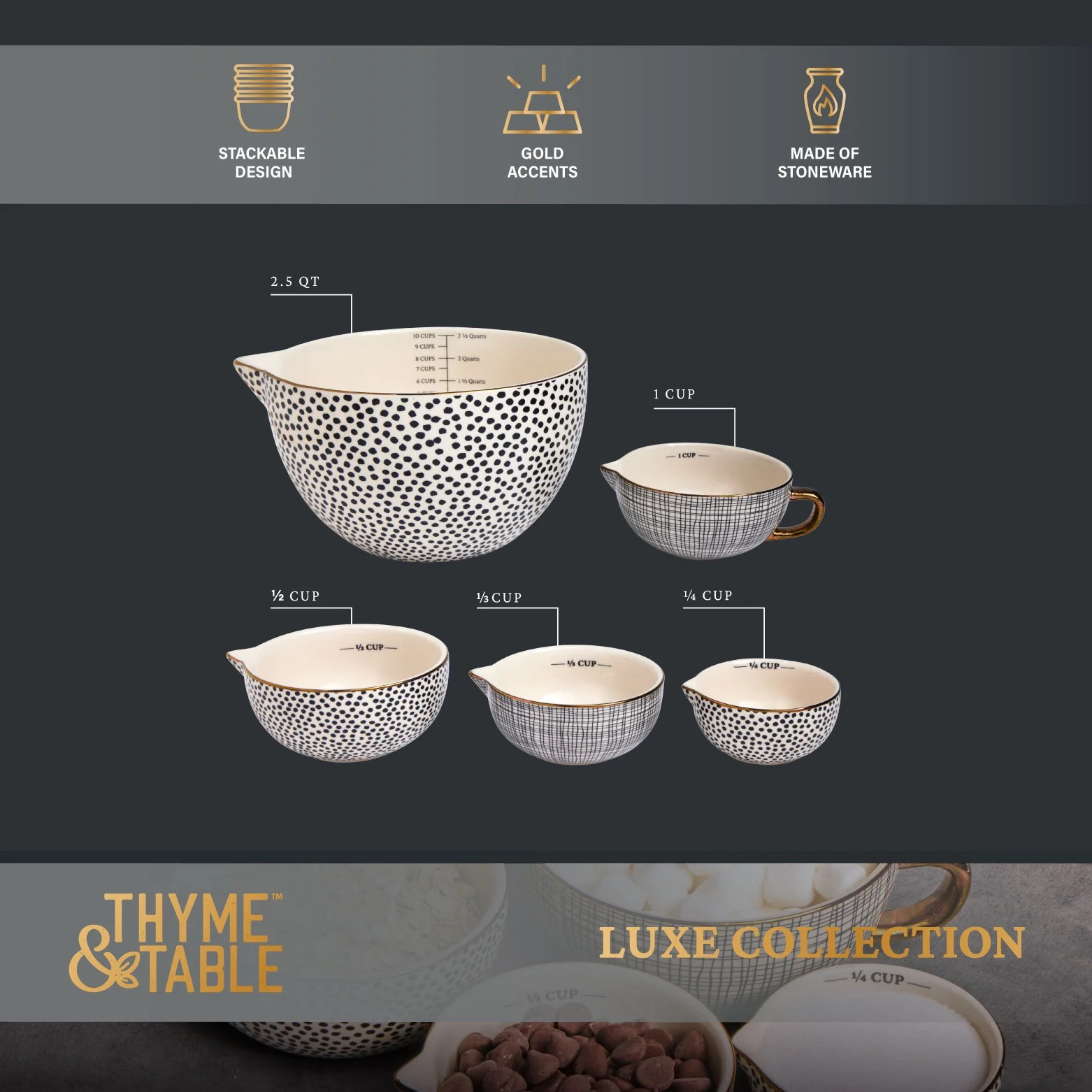 Thyme & Table 5-Pc Ceramic Mixing & Measuring Bowl Set Dot Pattern Kitchen Gift