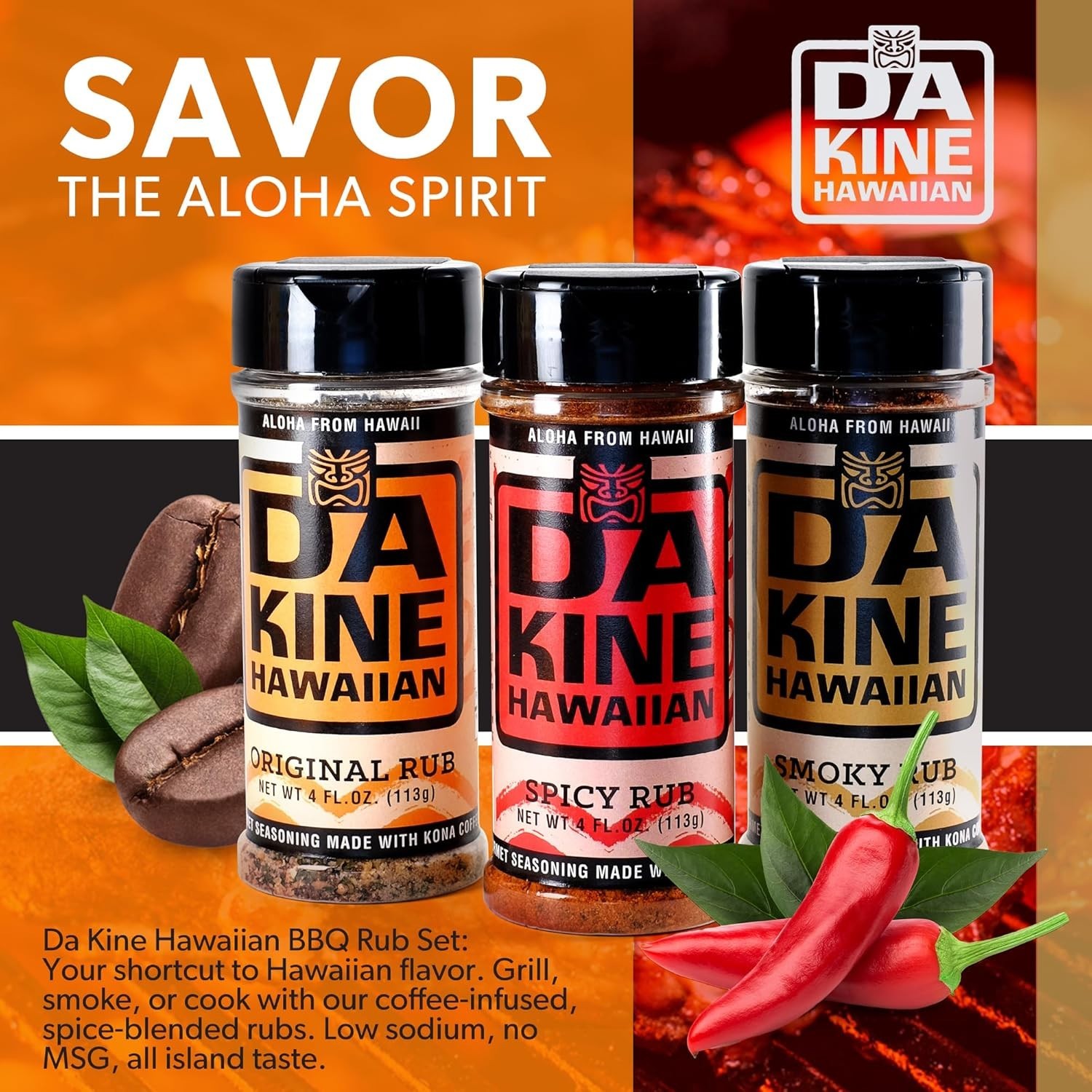 Da Kine Hawaiian BBQ Dry Rub Seasoning 3 Pack 4oz Gourmet Gluten-Free