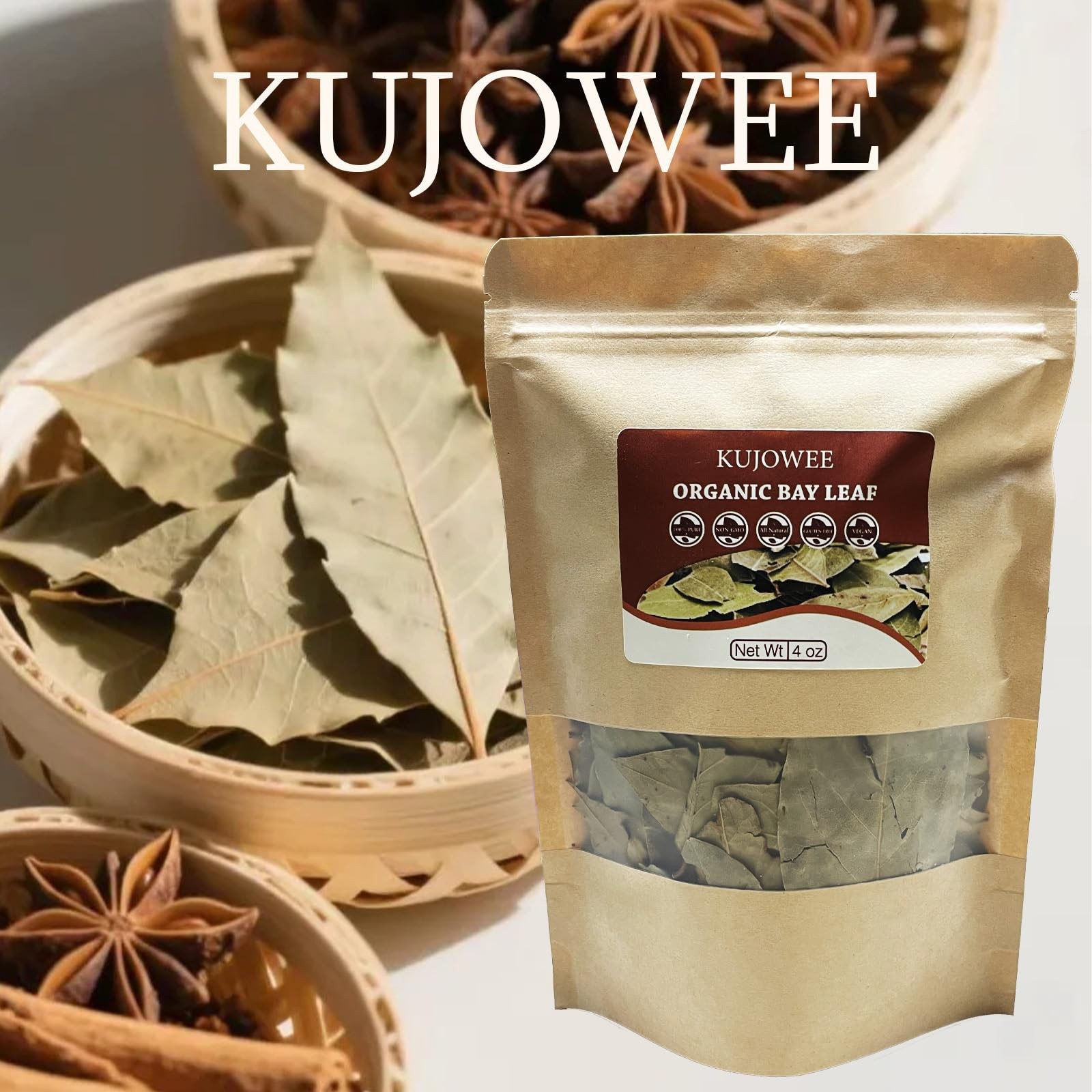 Kujowee 2 oz Organic Dried Bay Leaves Whole 4 OZ,
