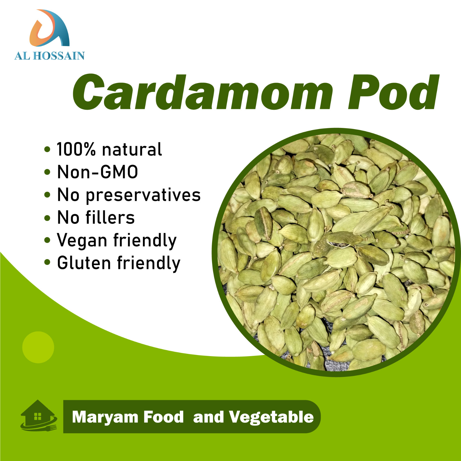 Al Hossain Organic Green Cardamom Pods 250g / 5kg Bulk | Whole Elaichi Spice pod