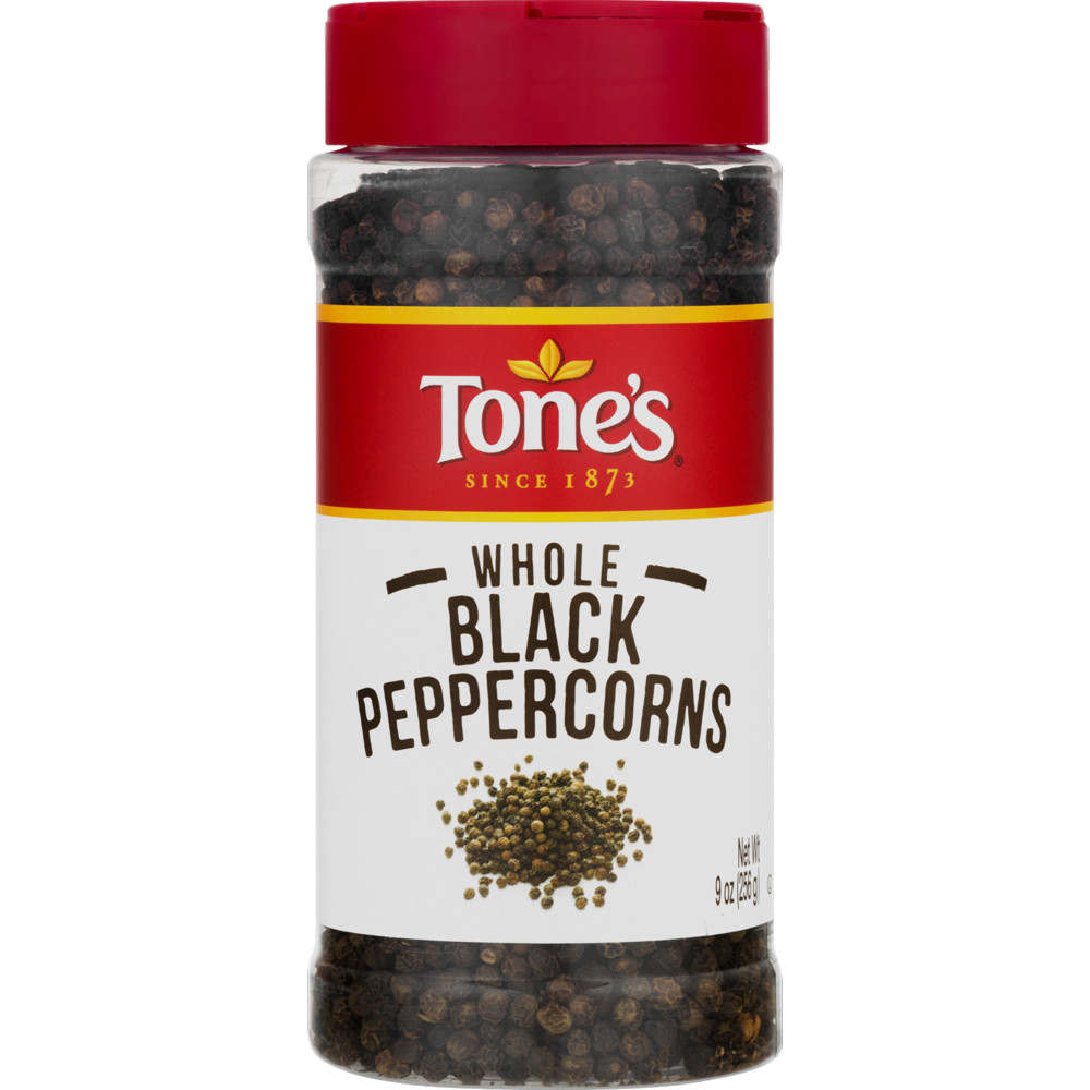 Tone’S Black Peppercorns Whole, Savory taste, Earthy flavor & Sharp Aroma ,9 Oz
